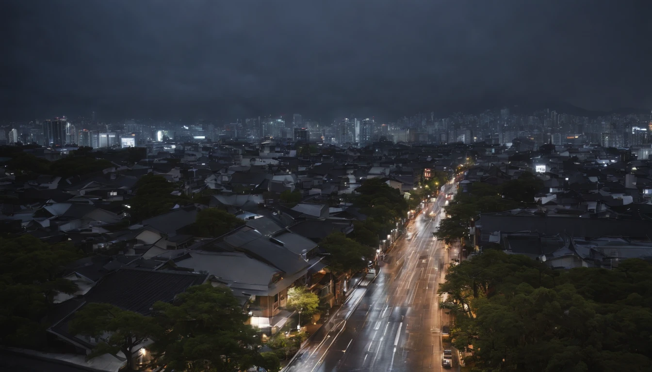 a very rainy night in tokyo, heavy rain with lightning, the focus must be on the rain levels. calm and calming night with rain, a dark night, lit by lightning and the neos of the streets, ultra wide camera, with greater image viewing angle. highlight the slope levels.