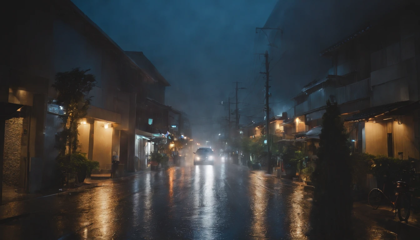 a very rainy night in tokyo, heavy rain with lightning, the focus must be on the rain levels. calm and calming night with rain, a dark night, lit by lightning and the neos of the streets, ultra wide camera, with greater image viewing angle. highlight the slope levels.