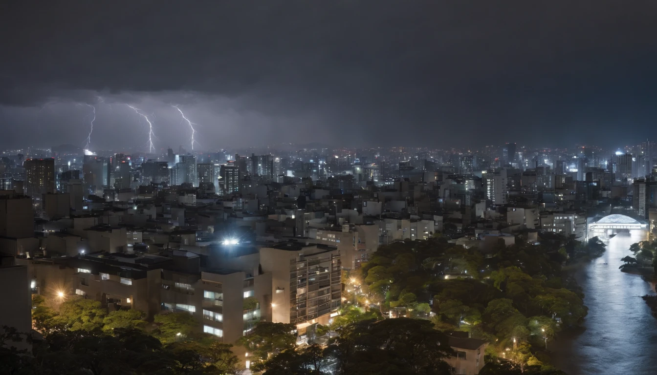 a very rainy night in tokyo, heavy rain with lightning, the focus must be on the rain levels. calm and calming night with rain, a dark night, lit by lightning and the neos of the streets, ultra wide camera, with greater image viewing angle. highlight the slope levels.