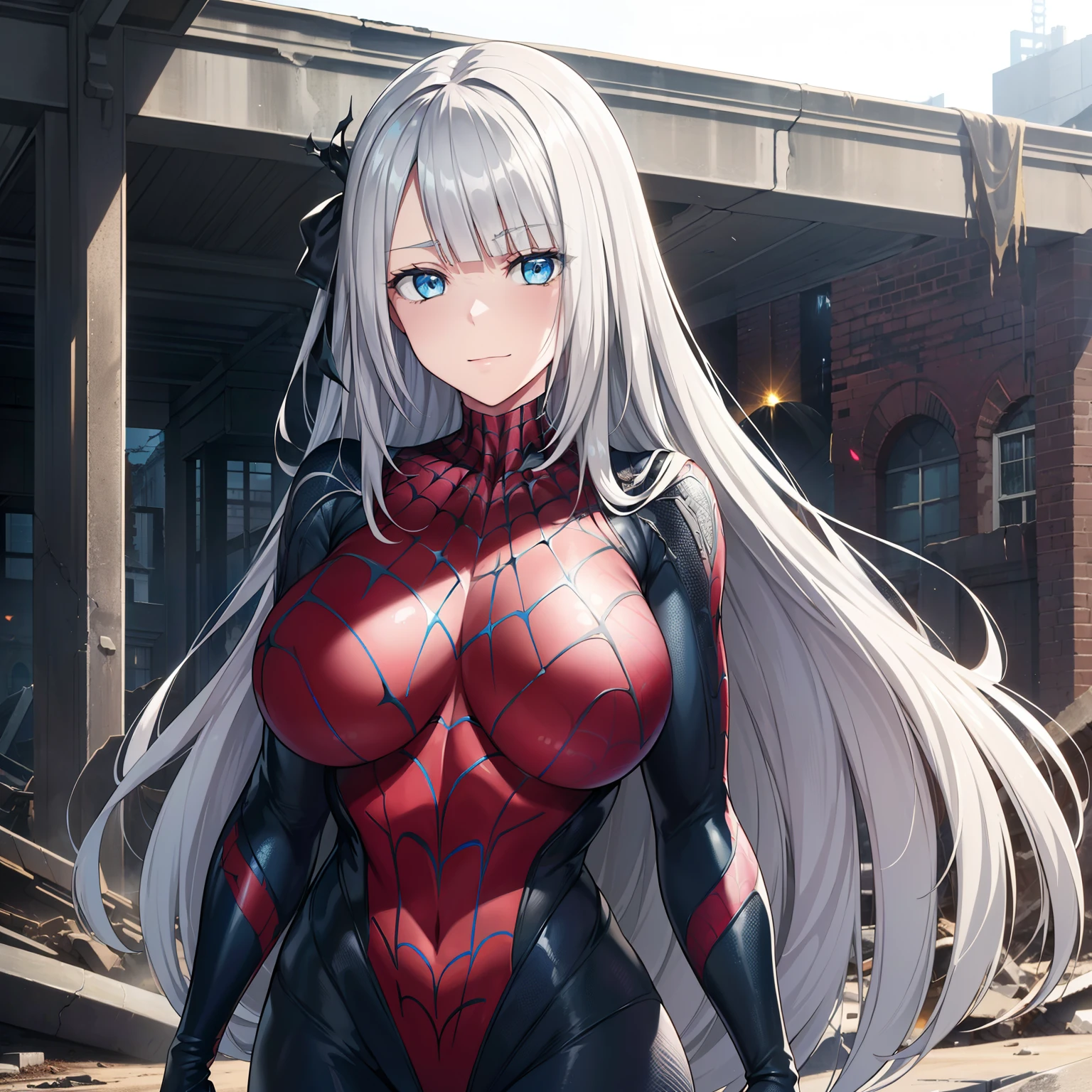 1girl,gigantic breasts,standing in ruined city,(8k),scratches,detailed face,white hair,blue eyes,long hair,embarassed,small smile face,high_res, high_definition,the battlefield,Heroic pose,dark suit, (symbiote spider man Custome:1.1),