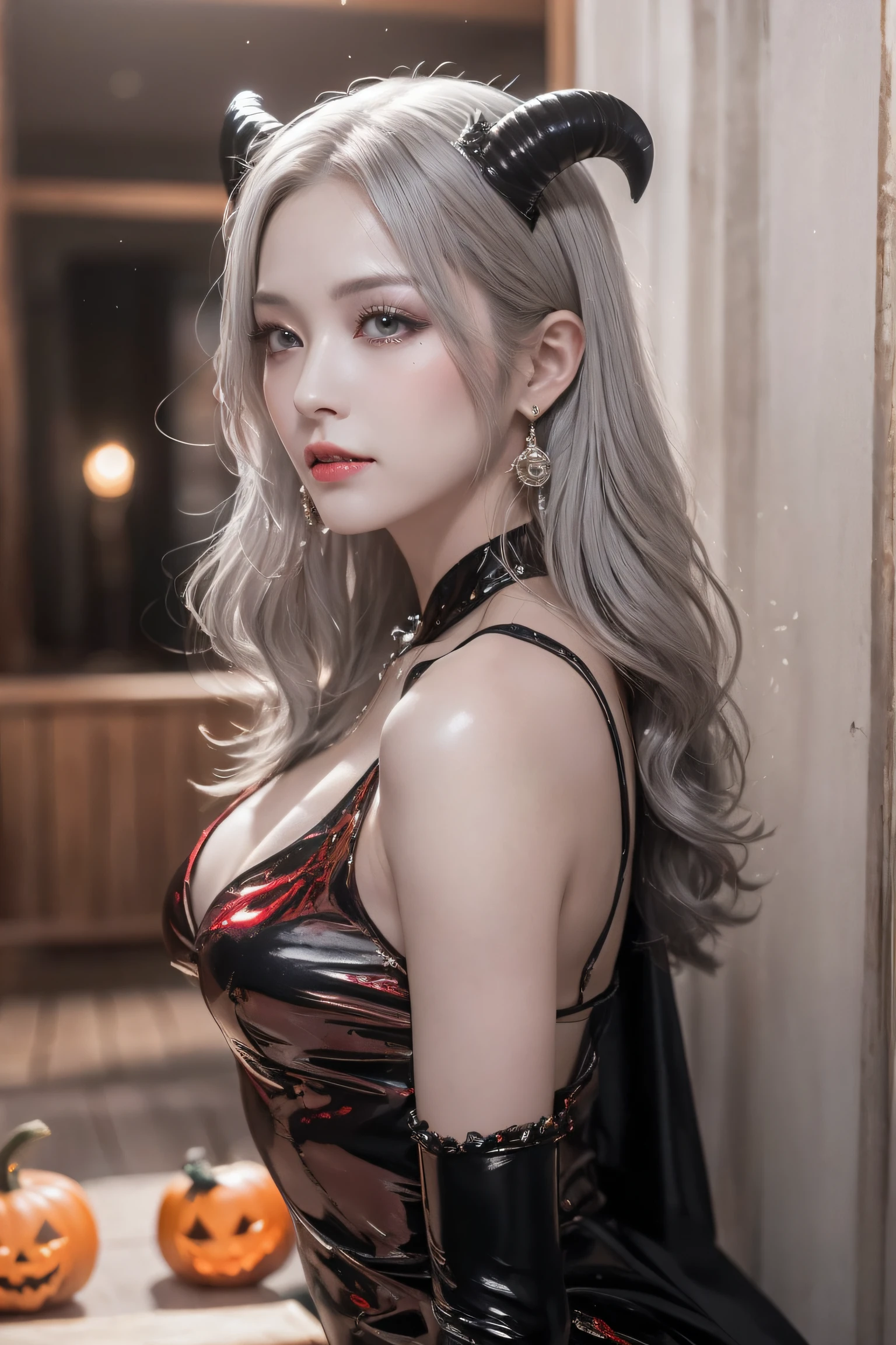 (masterpiece:1.3), high resolution, ultra detailed, extremely detailed CG unity 8k wallpaper, realistic, photo-realistic, RAW photo, (beautiful detailed face), pale skin, realistic skin, detailed cloth texture, detailed hair texture, Perfect body, Beautiful Face, accurate, Anatomically correct, Highly detailed face and skin texture, natural neck length, (beautiful hands), (fair skin:1.2), Thin legs, Thin feet, (((dim lighting:1.3))), silver laser, 
BREAK, 
Detailed eyes, symmetrical eyes, Brown eyes, Double eyelids, Thin eyebrows, ((Dracula makeup:1.3)), (Glossy lips:1.4), (seductive smile:1.2), 
BREAK, 
(A Devil girl), ((wearing a Red and Black Devil costume:1.3)), (Black pin heels:1.1), (demon horns on the head:1.2), (huge black wings on the back:1.2),
medium large breasts, (firm breast, nicely shaped breasts, slender figure:1.1), 
((Gray hair:1.5)), (wavy hair), ((short hair:1.2)), ((asymmetrical bangs:1.2)), 
BREAK, 
(Sitting on the with legs crossed:1.2), ((view of inside A gloomy ruins decorated for Halloween:1.2)), (From below:1.1), 
(((Upper body shot:1.2))), (looking at viewer:1.2),