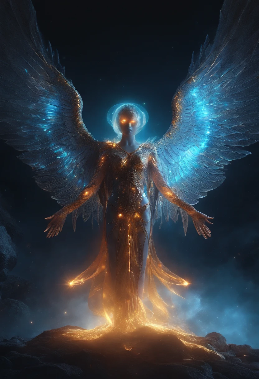Cosmic Fallen Angel, glowing light eyes, Biomechanical, eerie, Creepy, nightmarish, Very bright colors, Light particles, with light glowing, Mshiff, wallpaper art, UHD wallpaper