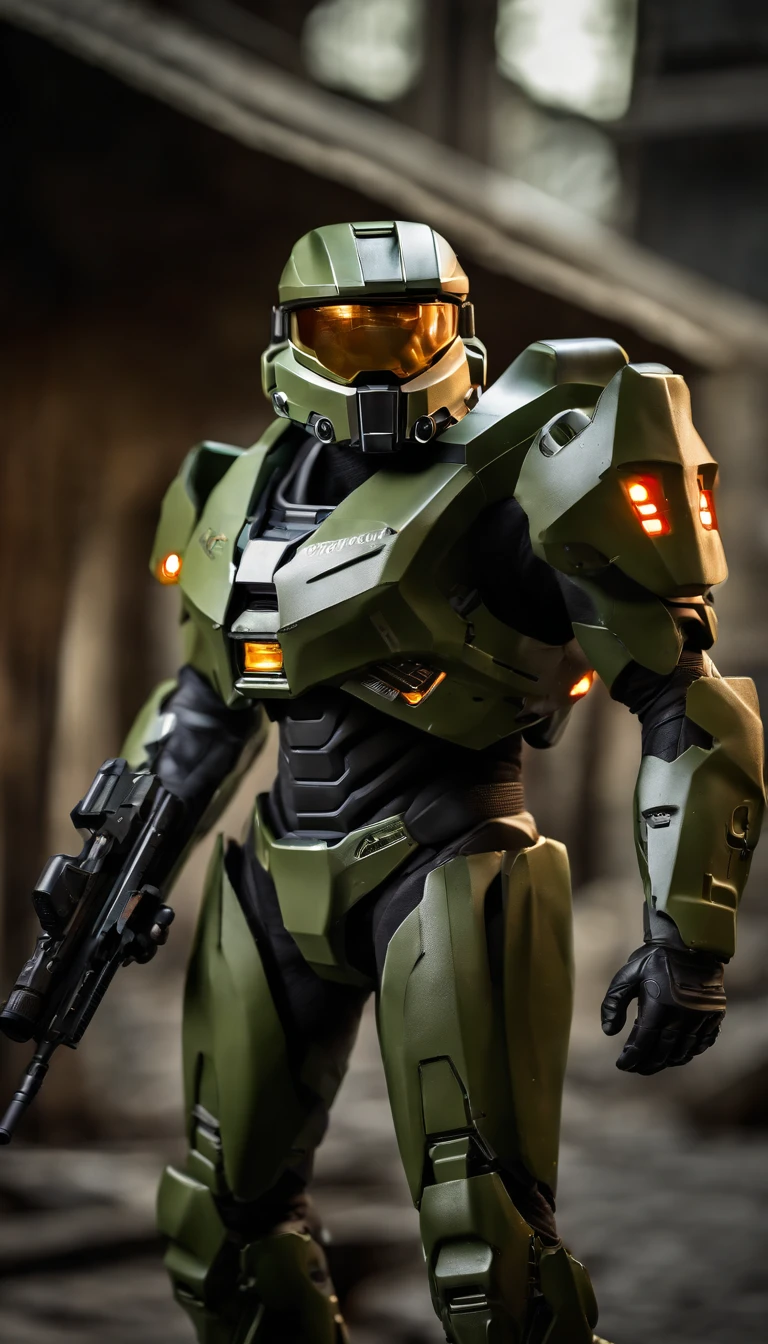 (best quality,4k,8k,highres,masterpiece:1.2),ultra-detailed,(realistic,photorealistic,photo-realistic:1.37),117 Master Chief from the game "Halo",holding a high-tech energy rifle,adorned in intricately-detailed green armor,on an unknown planet,engaged in intense combat,with explosions lighting up the sky,battling against the Covenant,helmet visor reflecting the surroundings,standing tall,intense energy radiating from the weapon,ready to fight for victory.