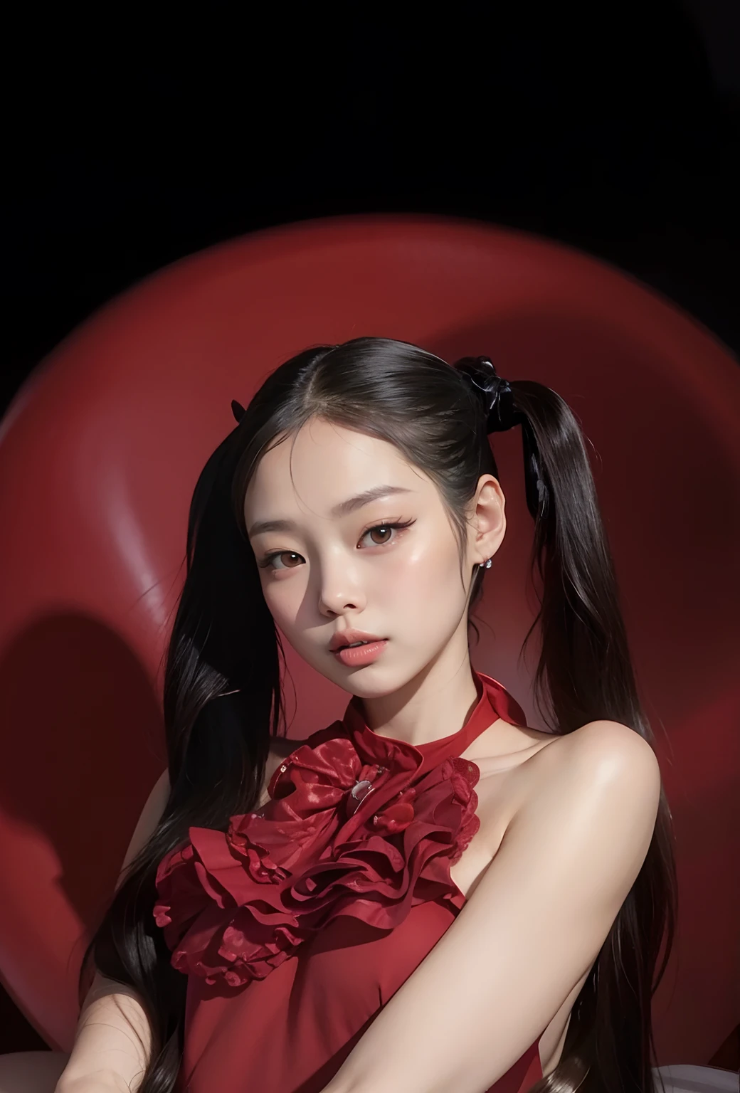 Women's poses in red bra top poses for a photo, iu lee ji-eun as a super villain, portrait of jossi of blackpink, portrait jisoo blackpink, dilraba dilmurat, popular korean makeup, Lee Ji-eun, lee ji eun, shaxi, portrait of female korean idol, park jimin, official photo