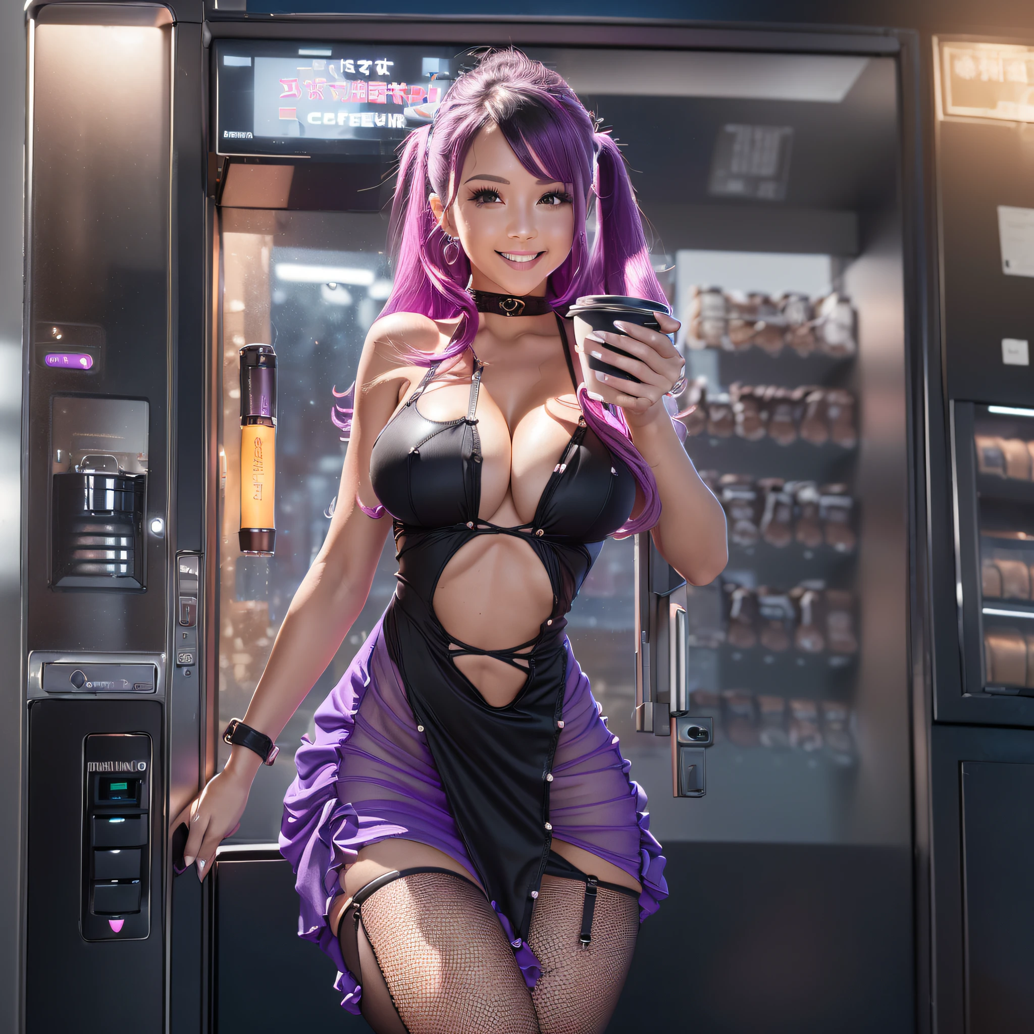 masutepiece, Raw photo，Photorealism，High resolution，Best Quality，High Definition, Perfect composition, Perfect face, Perfect body, 16 K，Cinematic lighting，(Full body shot), (Dynamic Angle), ((in a office)), (((Leaning forward on a coffee vending machine))), (Pink hair), (Very long pigtail), (Bare shoulders), (((Black See-Through Mini Dress))), ((Backless Tight Black Mini Dress)), (((Normal breasts))), , ((Black garter belt)), (()), (Dress Lift), (spreading ass), Spread legs, (((Vibrator))), ( Juice), (((Purple High Heels))), Detailed scenery, Mischievous smile