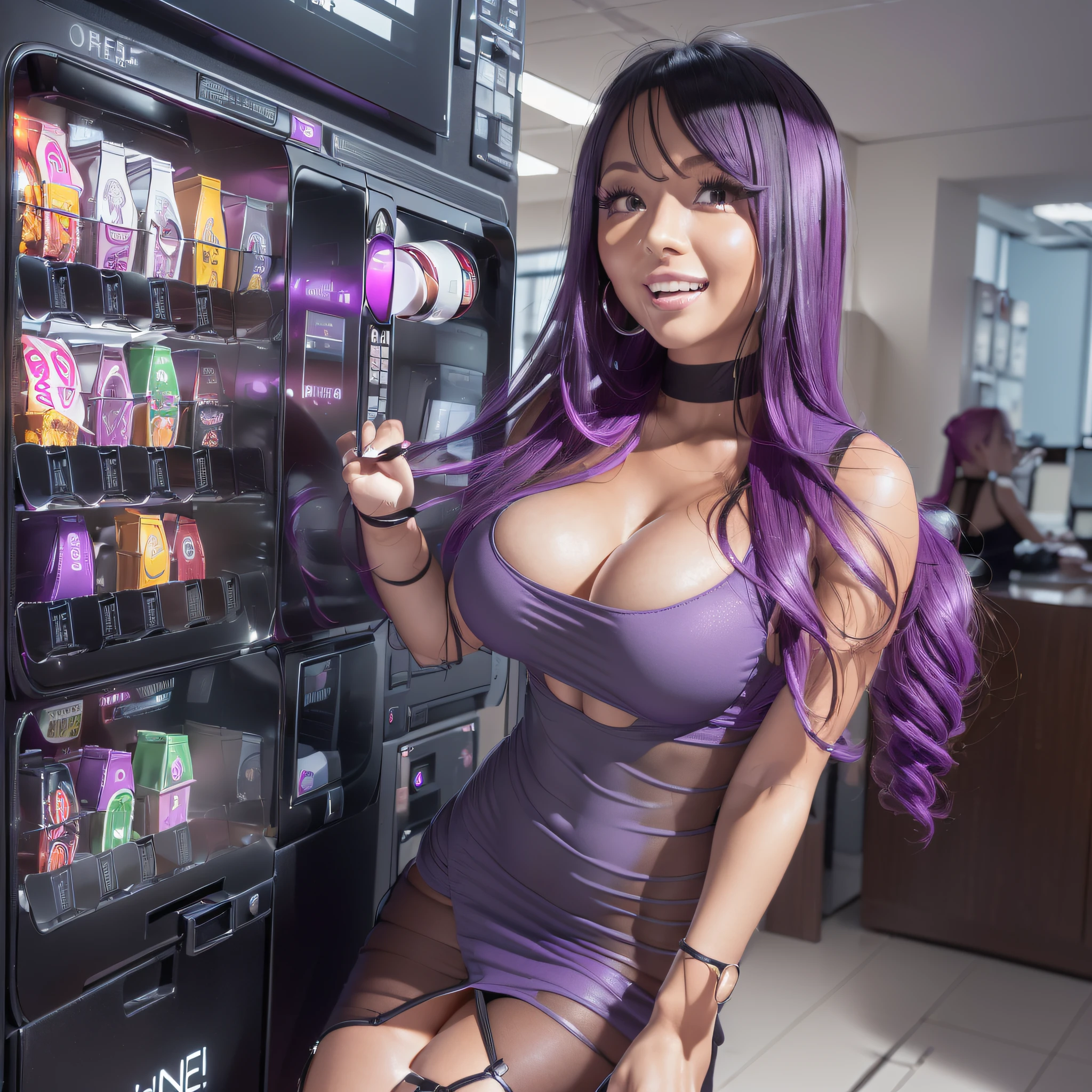 masutepiece, Raw photo，Photorealism，High resolution，Best Quality，High Definition, Perfect composition, Perfect face, Perfect body, 16 K，Cinematic lighting，(Full body shot), (Dynamic Angle), ((in a office)), (((Leaning forward on a coffee vending machine))), (Pink hair), (Very long pigtail), (Bare shoulders), (((Black See-Through Mini Dress))), ((Backless Tight Black Mini Dress)), (((Normal breasts))), , ((Black garter belt)), (()), (Dress Lift), (spreading ass), Spread legs, (((Vibrator))), ( Juice), (((Purple High Heels))), Detailed scenery, Mischievous smile