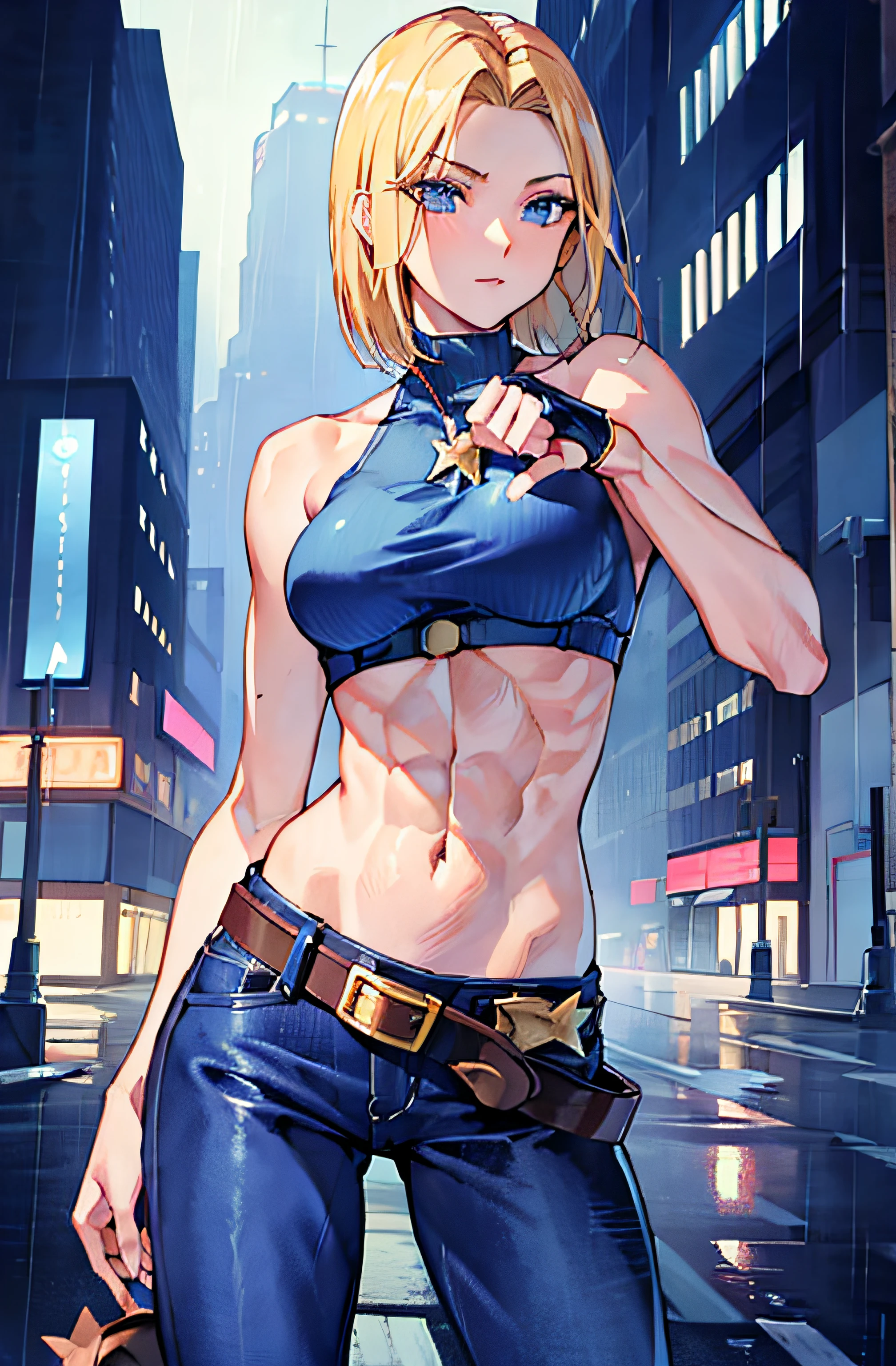 maryms, Best Quality,(beauty), 1girl,phisically-based render ,ultra highres,(cowboy shot:1.5),narrow waist, skinny, LeonaMS ,muscular, big blue eyes,long legs,jeans,leather belt,small breasts,puffy eyes, leather belt,(rainy city), shiny skin, facing viewer, Victory posture,