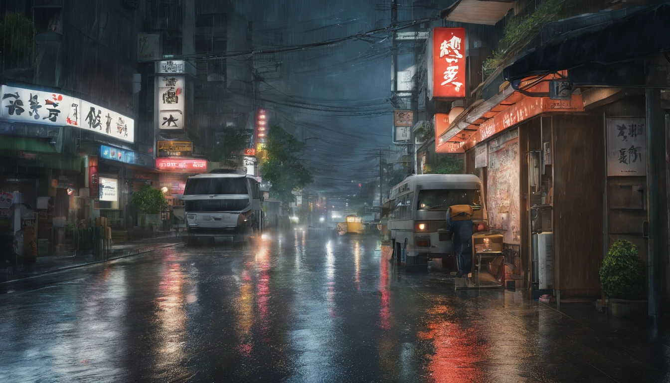 a very rainy night in Tokyo, heavy rain with lightning, the focus must be on the rain levels. Calm and calming night with a lot of rain, a dark night, lit by lightning and the neos of the streets, ultra wide camera.
