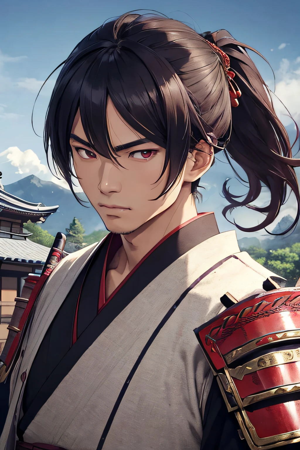 ((ArtStation)), ((Realistic face)), masterpiece, best quality, samurai 1man, asian, adult, masculine, male focus, samurai, 26 year old, ponytail, strong, powerful, solo, dark purple hair, strong, no emotions, superior vibe, man, vibrand red eyes, looking at viewer, samurai armor, angry, High quality metal texture, bangs, high collar,(kbxll:0.6), japanese village background, Highly detailed, shadowverse style,  fighting, katana