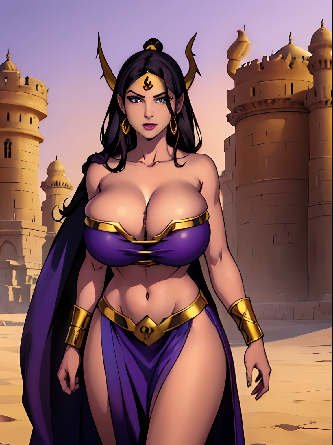 (masterpiece, top quality, best quality, official art, beautiful and aesthetic:1.2), (1girl:1.3), purple genie woman coming out of her magic lamp, long wavy black hair, topknot, ((purple skin)), extremely detailed, portrait, looking at viewer, solo, (full body:0.6), detailed background, close up, mischievous eyes, (hot summer desert Arabia theme:1.1), Persian (((((djinn, genie))))) woman, dark makeup, charlatan, smirk, mysterious, walking in desert, revealing black and gold Arabian attire, open vest, long wispy tail, genie lamp, jewelry, armlets, elaborate necklaces, blue fabric, gold jewelry, precious stones, magic lamp, ((((gigantic breasts, cleavage, skindentation)))), slim waist, slim hips, long legs, ancient (Arabian palace exterior:1.1) background, dark mysterious lighting, shadows, magical atmosphere, dutch angle,