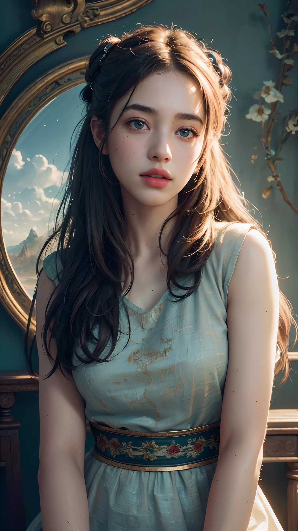 (RAW photo, best quality), (realistic, photo-realistic:1.3),best quality,highly detailed,masterpiece,ultra-detailed,illustration,1girl,upper_body,dynamic angle,world masterpiece theater,messy_long_hair,best quality,extremely detailed CG unity 8k wallpaper,ink,Amazing,cinematic lighting,lens_flare,,dunhuang_style
