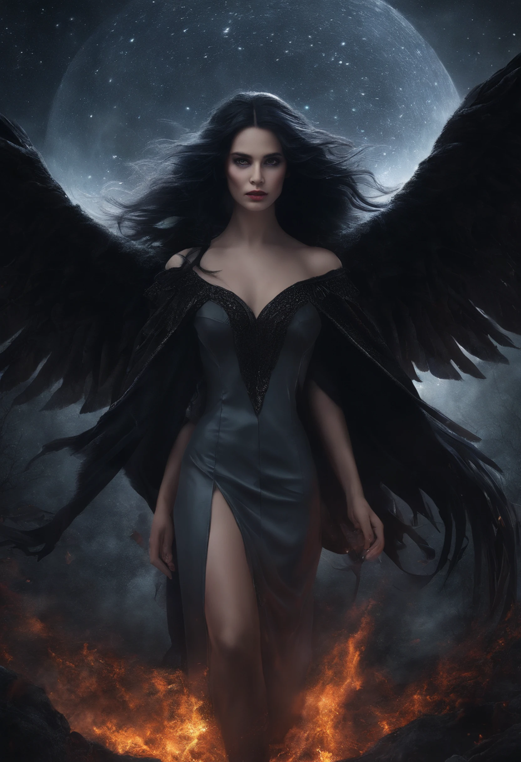 Masterpiece, Best quality, Masterpiece, (1 girl), (LLCChar), Evil witch, dark energy, Void, Eye in the sky, (Very evil), Dark magic, Dark forest, negaive energy, hell, Void, Star, Black hair,