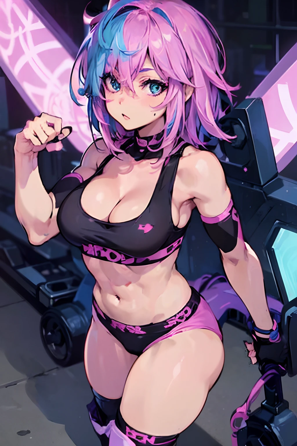 anime (sexy pose), Fist Fighter ,Beautiful girl, Muscular, Cleavage, Abs, (fullsleevetattoo
), big breasts, light blue (emo_hairstyle) with pink highlights, makeup, black lipstick, (solo), realistic, PSD, (hot pants), realistic