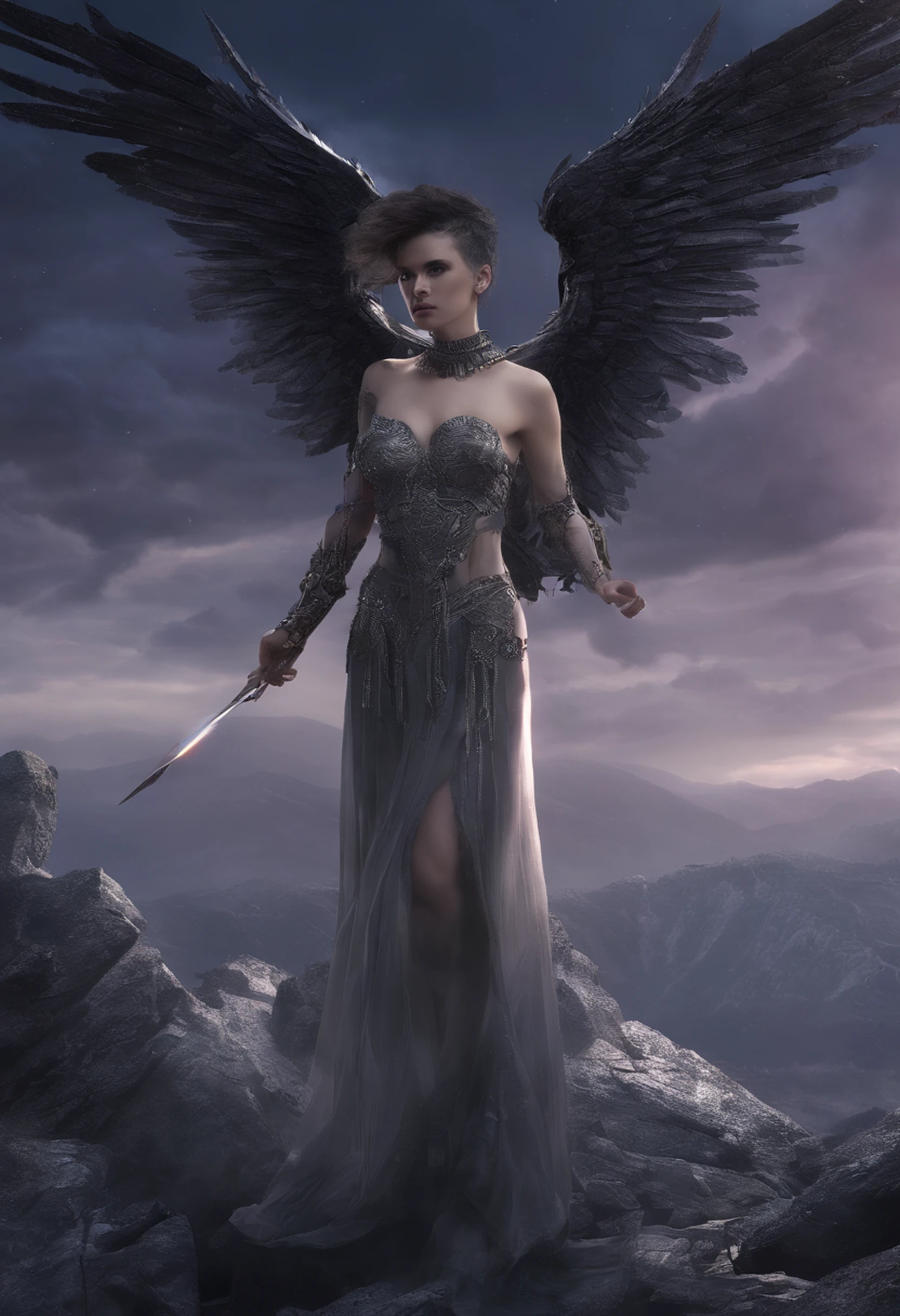 high quality full length portrait, RAW photo of european 20yo woman with iridescent angel wings, a warrior, small breasts, short dark purple hair, natural pale skin texture, jeweled diadem, silver necklace, night, lightning, volcano and mountain background, short depth of field, intricate, elegant, detailed textures, sharp focus, coiled arm band, bracelets, neck chain ultra high pixel detail, cinematic, intricate, cinematic light, concept art, art station, realistic, movie scene, cinematic, high quality, craig mullins and wayne barlowe style, full colors, incredibly detailed, 4k, 8k, erotic, gothic,
