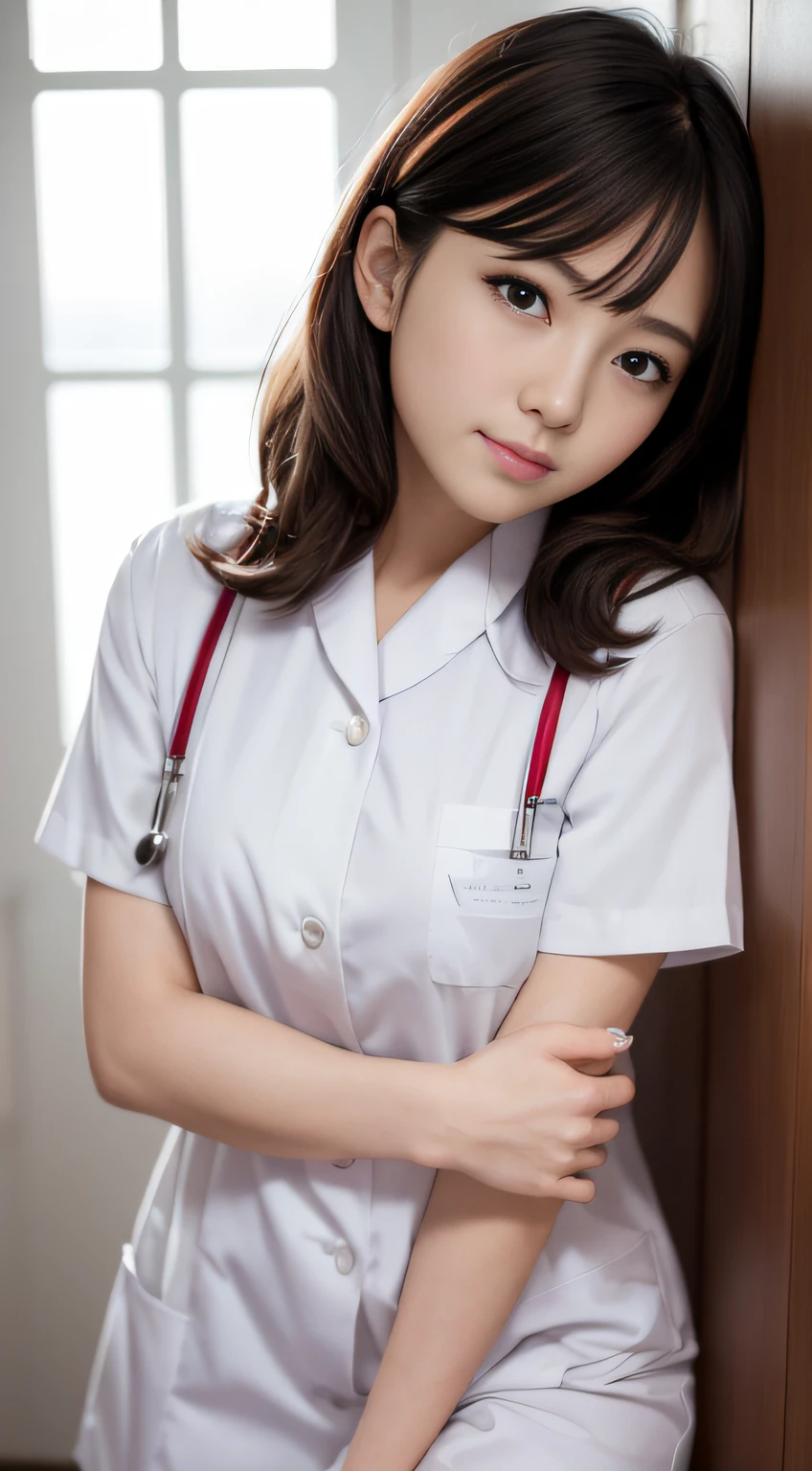 nurse、Nurse uniform、(Highest quality)、((Very detailed))、4K、(8K)、masterpiece、Very detailedな、Highest quality、Super Resolution、1 person、Kind Face、Soft Light、RAW quality、Soft Skin、163cm、hospital、Waist、knees、injection