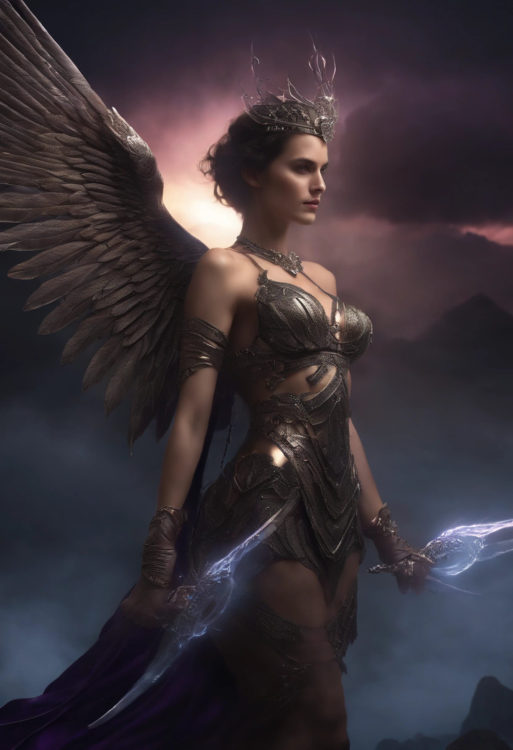 high quality full length portrait, RAW photo of european 20yo woman with iridescent angel wings, a warrior, small breasts, short dark purple hair, natural pale skin texture, jeweled diadem, silver necklace, night, lightning, volcano and mountain background, short depth of field, intricate, elegant, detailed textures, sharp focus, coiled arm band, bracelets, neck chain ultra high pixel detail, cinematic, intricate, cinematic light, concept art, art station, realistic, movie scene, cinematic, high quality, craig mullins and wayne barlowe style, full colors, incredibly detailed, 4k, 8k, erotic, gothic,