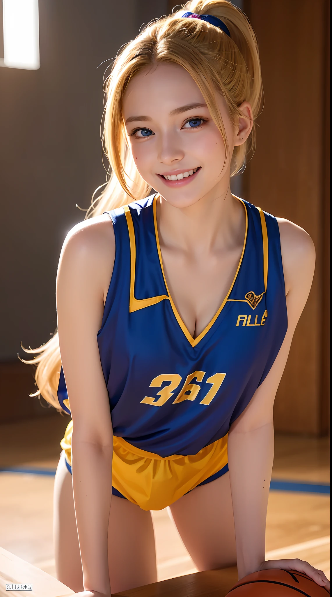 femele,12 years old,Golden head hair,Silk Basketball Uniform,Beautiful ponytail,Blue eyes,Mansuji, A smile,,I see underwear,full body Esbian, (Close Shot, Best Quality, hight resolution, 4K, Detailed Lighting, Shaders, NSFW), cleavage, Smiling, ( Leaning forward, Blushing:1.2)
