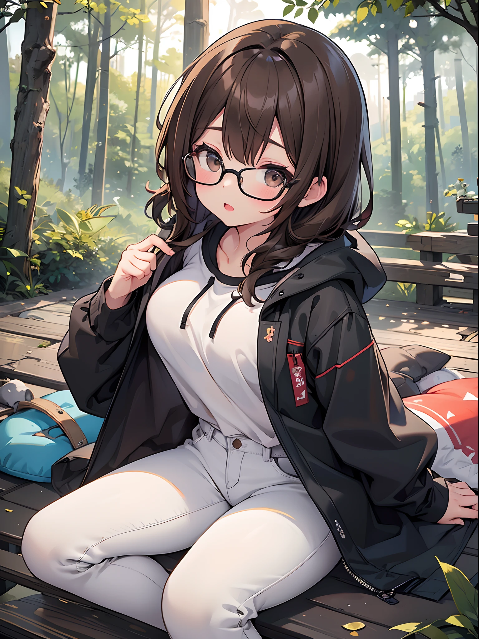 1 female、brown haired、Brown eyes、Black-rimmed glasses、seductive boobs、gorgeous faces、Perfect body。Best Quality、ultra-detailliert、8K resolution、Raw photo、masutepiece。in woods。Sleeping in a hammock。parka、denim pant。