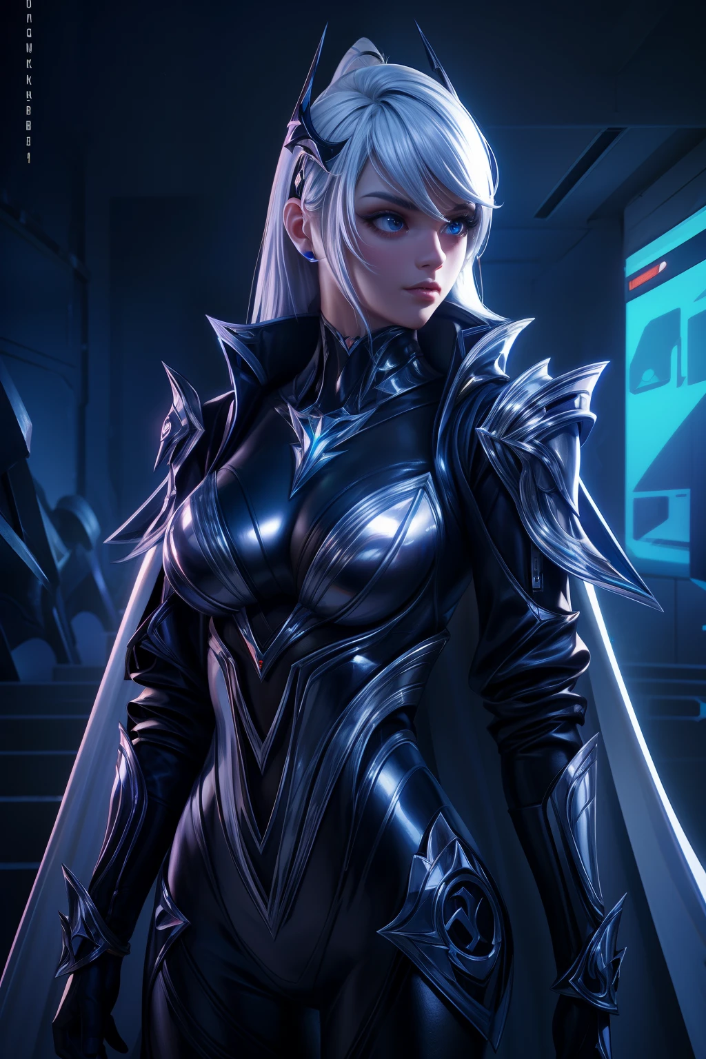 solo, super fine photo, portrait digital art Unreal Engine 5 8K UHD of a girl, concept art, character concept design, wearing silver metallic tight shiny suit with cybernetic details, high-tech armor, long black glove, bob white hair, cyberpunk character, futuristic city fantasy background, best quality, masterpiece, super detailed, sharp focus, female pose