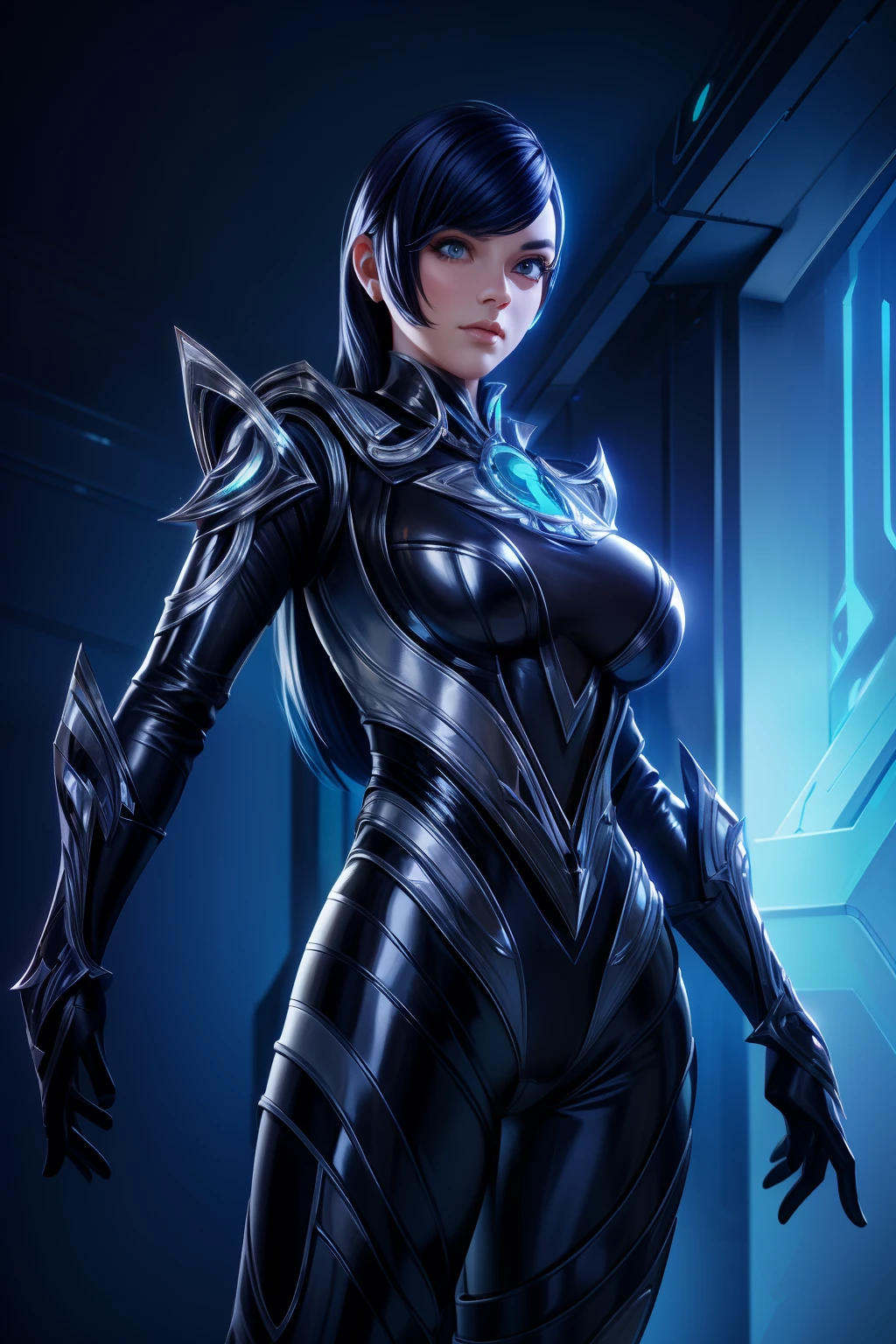 A girl with beautiful detailed eyes, beautiful detailed lips, and an extremely detailed face. 1girl. She is the widowmaker. Her gaze pierces the darkness. The striking contrast between her pale skin and her dark, flowing hair adds to her mysterious aura. She wears a tight-fitting, futuristic black suit that accentuates her graceful figure. The suit is adorned with blue accents that glow with a faint, ethereal light. Her stance is elegant yet poised, as if she is ready to strike at any moment. The background is a dimly lit room with a subtle blue ambiance, enhancing the air of intrigue and danger surrounding her. The image quality is set to (best quality, 4K, highres, masterpiece:1.2). The art style is sleek and stylized, giving it a unique and futuristic feel. The color palette is predominantly cool tones, with shades of blue and gray creating a brooding atmosphere. The lighting is dramatic, with soft, directional light casting intriguing shadows on her face and body.