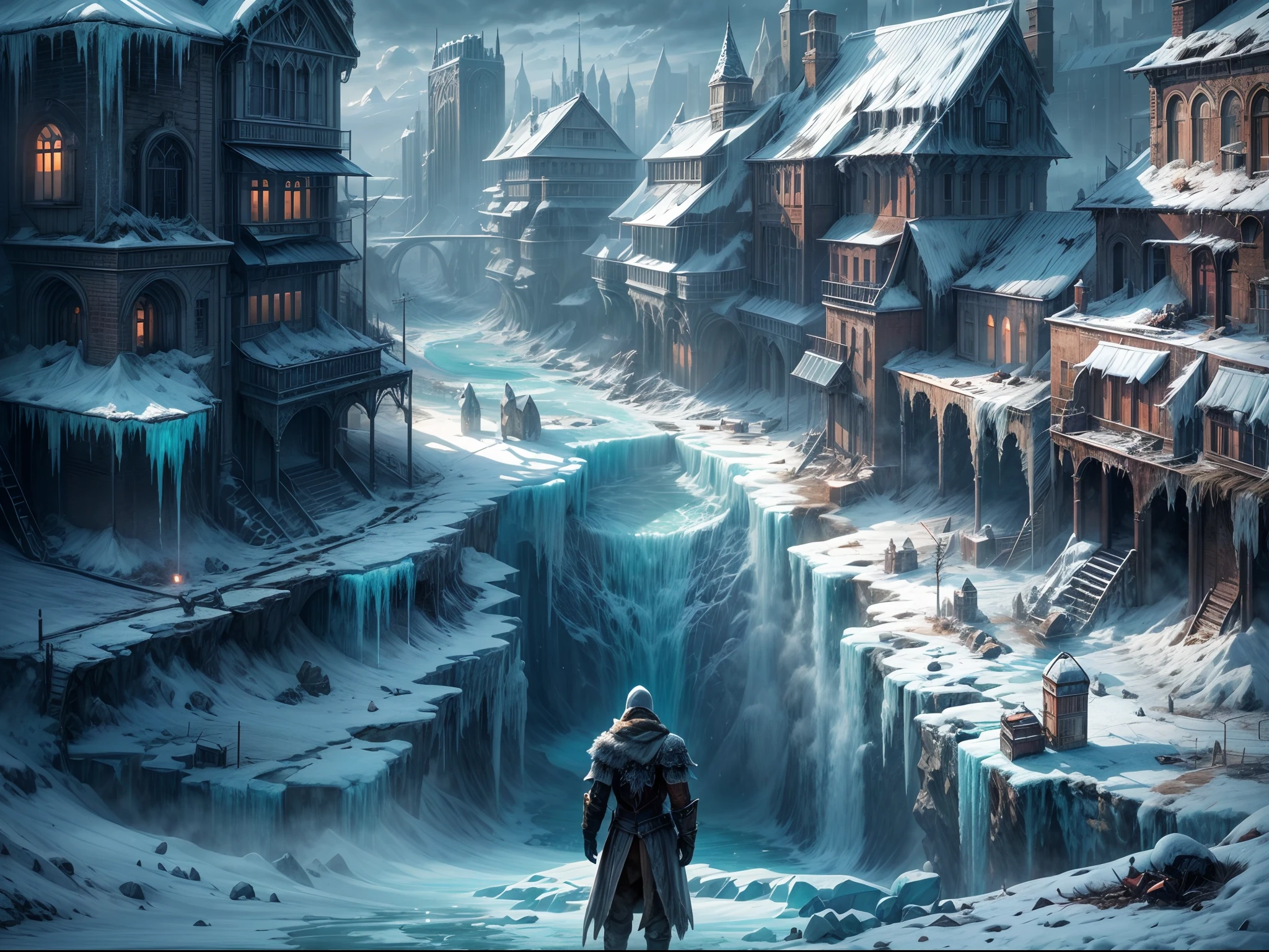 Masterpiece, concept-art, Wide screen, post apocalyptic world,The frozen apocalyptic city, City on ice, frozen waterfall, Frozen streets,Dilapidated buildings,Fantasy theme, Vast ocean, voluminetric lighting, The overall darkness sets off, k hd