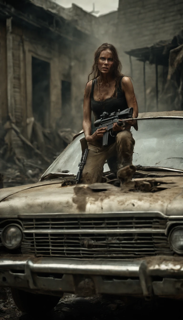 Image of a post-apocalypse brunette, raider, dirty clothes, short dirty tangled hair, sitting by the fire at night, Ruins of New York, Mad Max Style, ((Best Quality)), ((Masterpiece)), Detailed soft oil painting, Detailed background, dramatic cinematic lighting, Soft illumination of the edges, Professional, dramatic lighting, hard edge lighting, ultra quality, 4k,(mastery, Best Quality, 8K, ultra highres, hight resolution:1.4), Extremely detailed