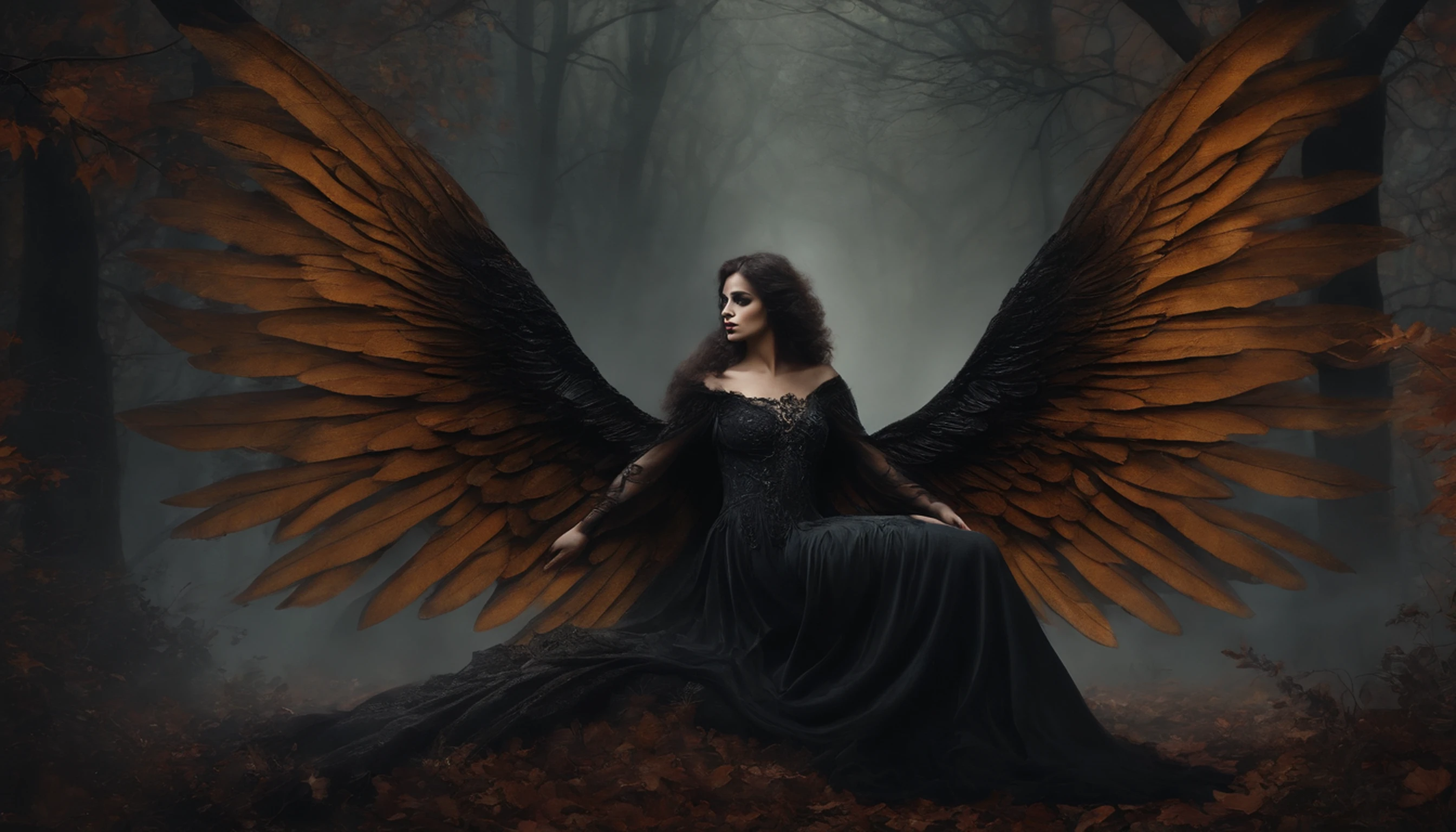 Vintage style dark gothic art mural painting, about a Black Halloween Angel with wings, en un bosque con bruma.