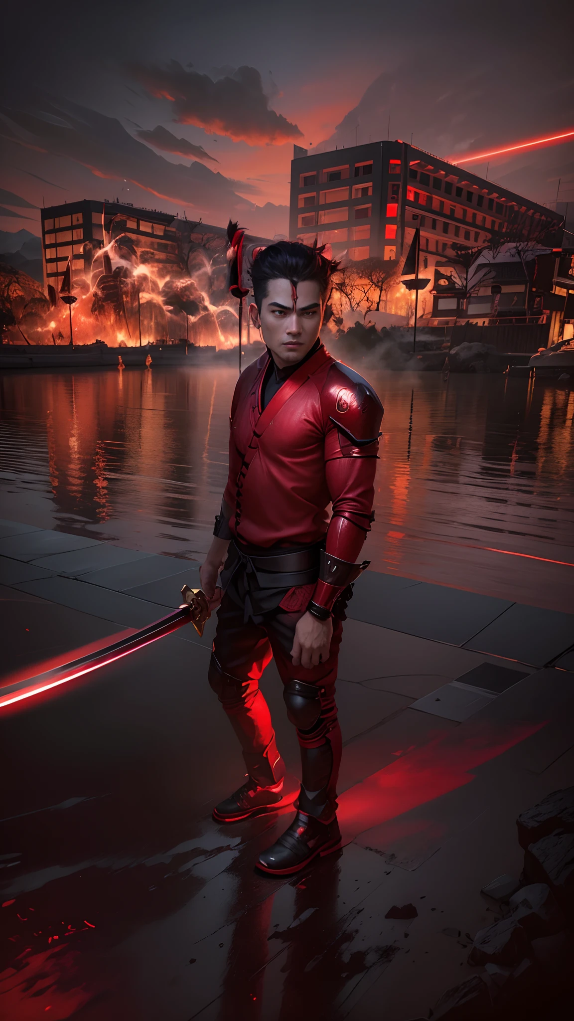 8K,Photorealsitic Raw photography top-quality;1.4) (One Boy) Super handsome (Lifelike face) Boy with Japan sword on his waist Black and red samurai armor Black and red trousers(Golden decoration) Glowing red eyes glaring at you 超A high resolution A hyper-realistic real looking skin enticing Beautiful expression Demon Hunters of Beast City combat scene Iai Slash Intense red aura from the body(Red effect)