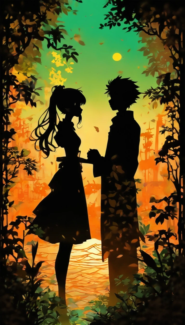 (Silhouette Art,cutouts:1.6)
(((Paper cutting art,A world where only black exists:1.3)
Two people,Holding hands
(机器人,profile:1.2),ruined and devastated city、covered with plants
break
(Rust color factory、Eroded greens)
Textured glass background,Tarot card atmosphere