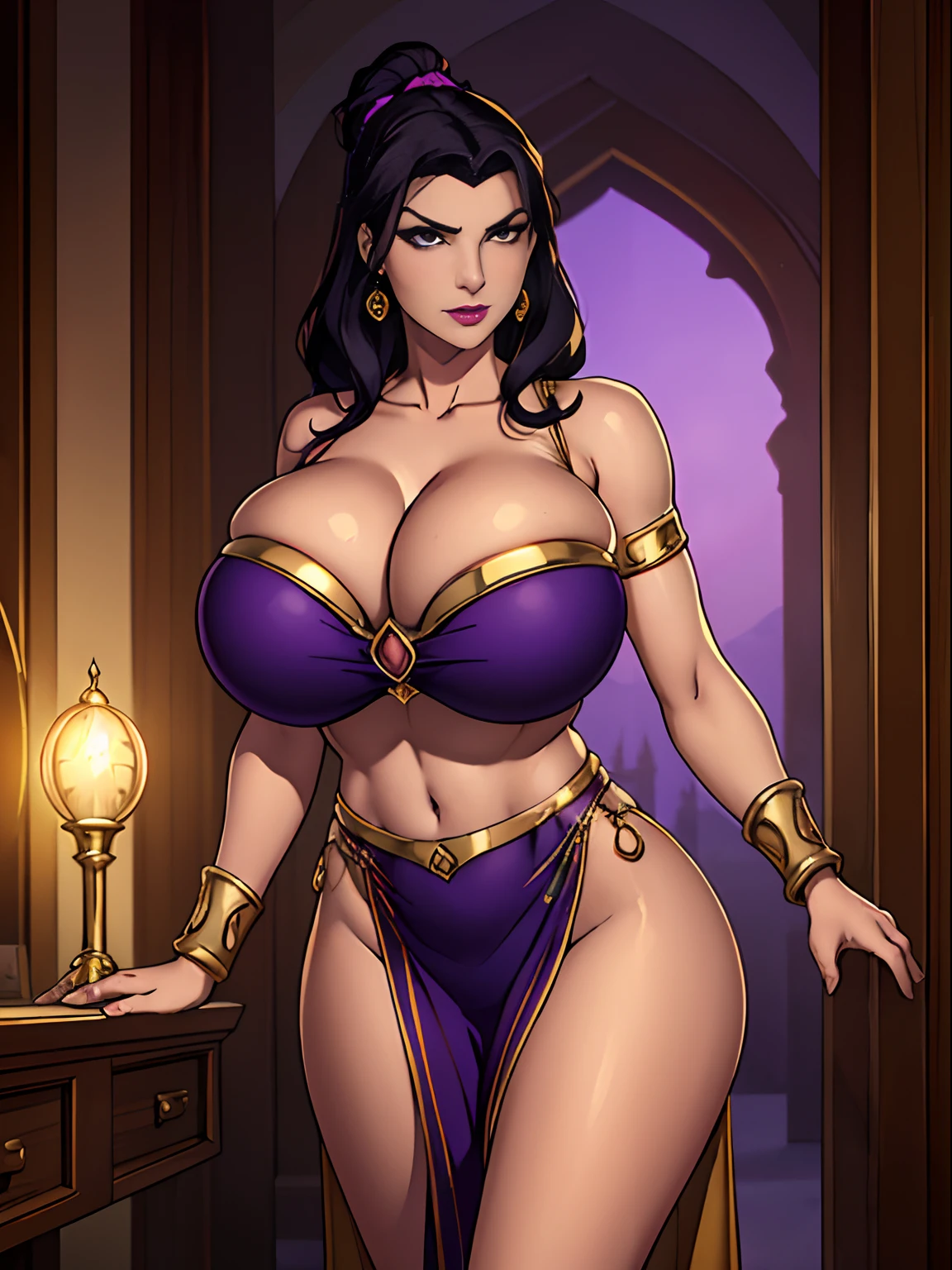 (masterpiece, top quality, best quality, official art, beautiful and aesthetic:1.2), (1girl:1.3), purple genie woman coming out of her magic lamp, long wavy black hair, topknot, ((purple skin)), extremely detailed, portrait, looking at viewer, solo, (full body:0.6), detailed background, close up, mischievous eyes, (hot summer desert Arabia theme:1.1), Persian djinn, genie woman, dark makeup, charlatan, smirk, mysterious, walking in desert, revealing black and gold Arabian attire, open vest, long wispy tail, genie lamp, jewelry, armlets, elaborate necklaces, blue fabric, gold jewelry, precious stones, magic lamp, ((((gigantic breasts, cleavage, skindentation)))), slim waist, slim hips, long legs, ancient (Arabian palace exterior:1.1) background, dark mysterious lighting, shadows, magical atmosphere, dutch angle,
