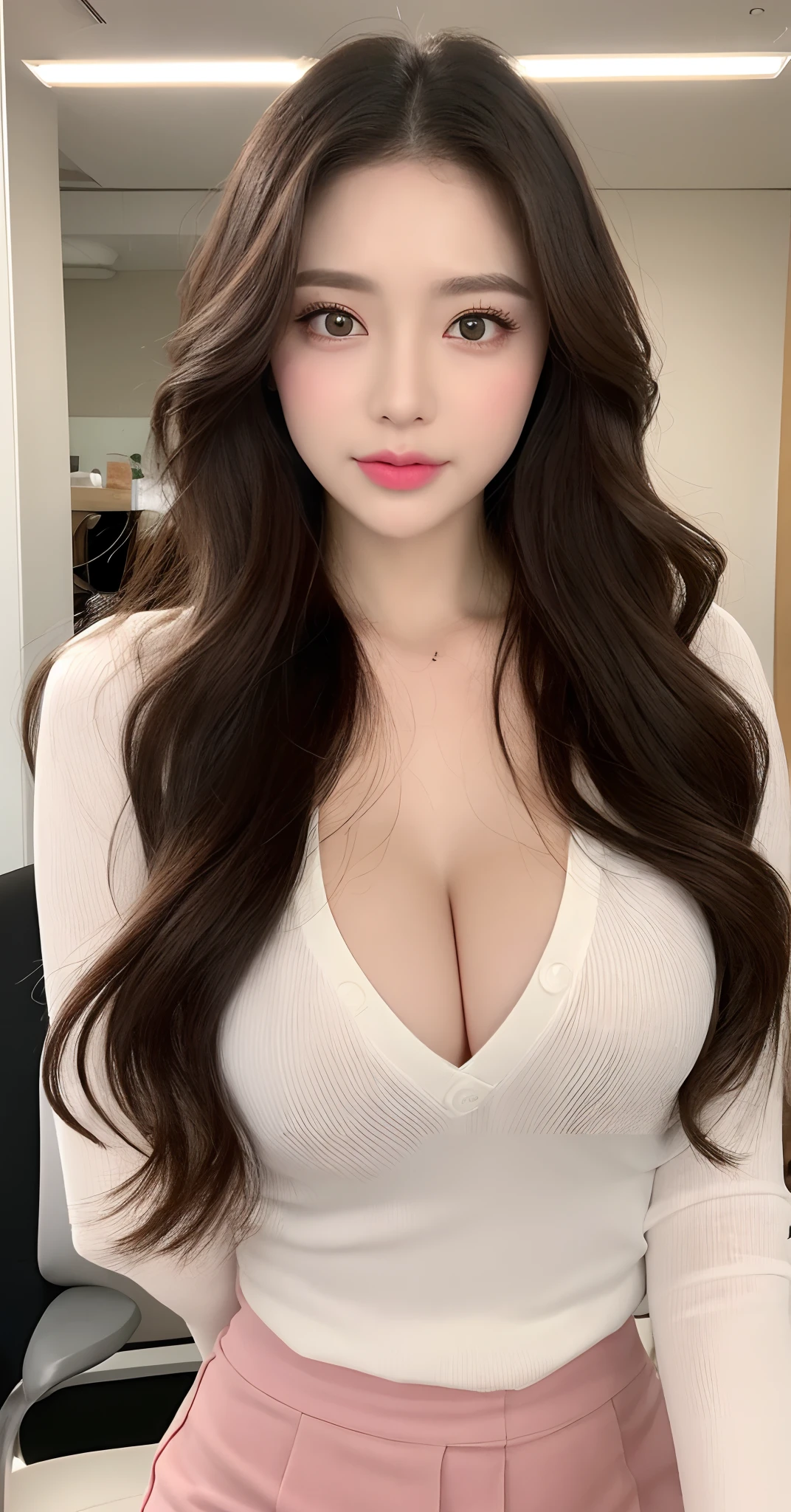 8k, Top image quality、Raw photography、超A high resolution、1 pretty girl、Colossal tits:1.3、cleavage of the breast:1.3 、white tight shirt (transparent)、open shirt show , (detailed clothing), (detailed black short skirt), (pantyhose), fair white skin、shiny white skin、(long brown hair)、(random wavy hair、dark brown hair、Beautiful eyes with random colors、very thin lips, finely detail、elongated eyes、pale pink blush、long eyeslashes、Beautiful double eyelids、eyeshadows、耳Nipple Ring、Company Office、Lighting that emphasizes beautiful skin、Lustrous skin