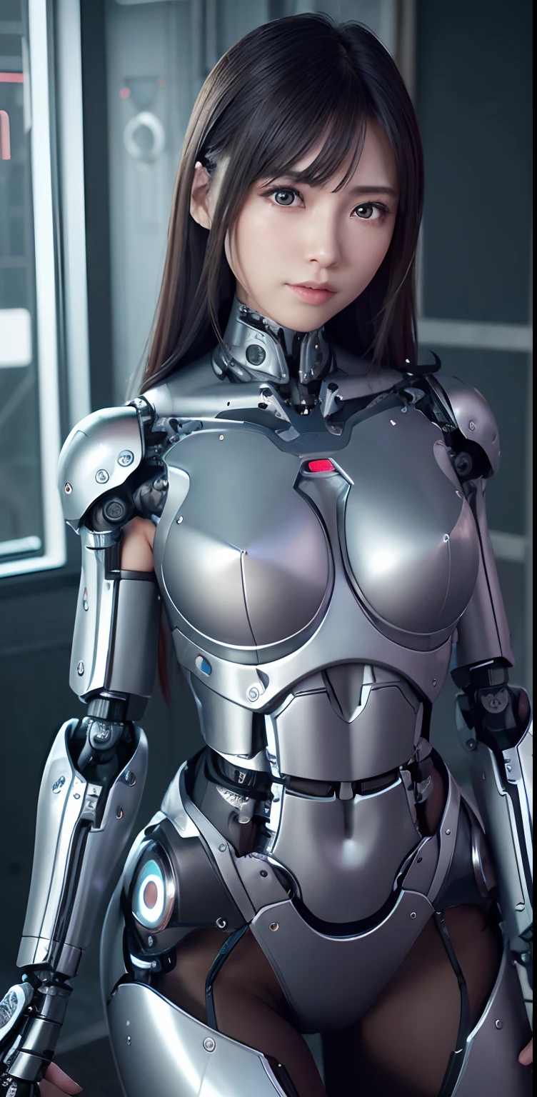 top-quality、masterpiece、超A high resolution、(Photorealsitic:1.4)、((a beauty girl:1.6)), 1 full-body cyborg girl、sixteen years old、NOhumans、((The skin part is only the face)), Black Armor, Plated Armor, Luminous Eyes、((Lots of split metal chest protectors)), Metal Robot、((The whole body is the body of a combat robot))、((Body parts are robot parts:1.8))、((The internal mechanisms of the chest are exposed)), ((Mechanical chest armor with LED indicators and meters)), Robot arms and legs、((Exposed metal skeleton of the abdomen))、Metal skeleton of the cervical region、Under repair、destroyed body、Metal Mechanical Bra、Full Body Metal Skin、Metal bodysuit、Metal scales covering the whole body、body made of metal、Whole body metal、a beauty girl、prosthetic hand、artificial leg、Full body cyborg、Exposed metal skeleton、Asian Beauty、cyberpunked、steampunc、Inside the futuristic space battleship、laboratory、Complex 3d rendering beautiful porcelain profile ultra detailed female type android face、dark brown hair、glowy skin、((super realistic details))、portlate、globalillumination、Shadow、octan render、metals、Details of complex ornaments、Japan details、highly intricate detail、Realistic light、CGSoation Trends、a purple eye、radiant eyes、Facing the camera、neon details、Mechanical limbs、blood vessels connected to tubes、Mechanical vertebrae attached to the back、mechanical cervical attaching to neck、sitting on、Wires and cables connecting to the head、Gundam、Small LED lamp、masterpiece、 Metal Robot、body made of metal、Whole body metal、prosthetic hand、artificial leg、Full body cyborg、Exposed metal skeleton、Asian Beauty、cyberpunked、steampunc、Futuristic cities、laboratory、Complex 3d rendering beautiful porcelain profile super detailed female android face、cyborgs、roboticparts、150mm、beautiful studio soft light、Rim Lights、vibrant detail、luxuriouscyberpunk、Ren Hao、surrealistic、Anatomical、face muscles、cable electric wires、microchips、elegent、beatiful backgrounds、octan render、HR Giger Style、8K、top-quality、masterpiece、i