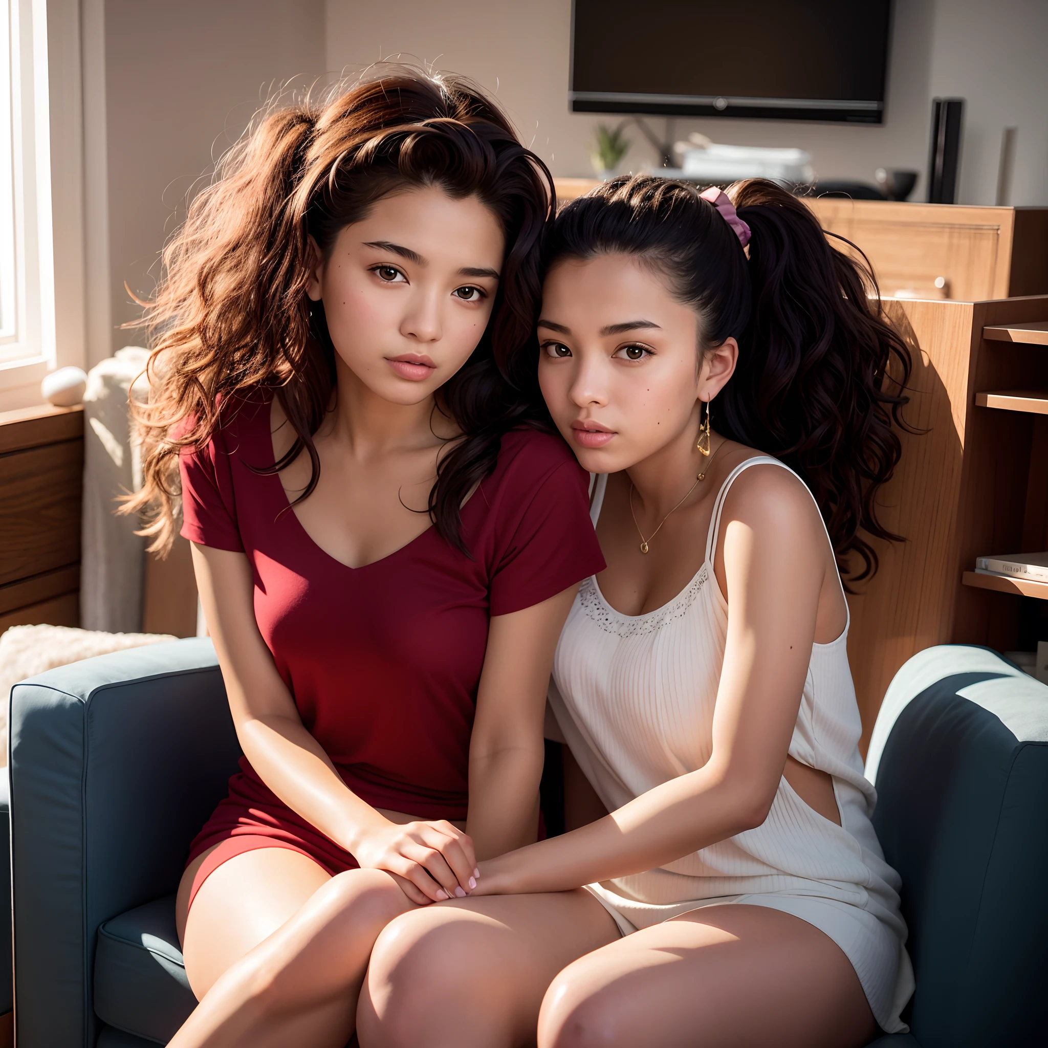 two young women sitting on a couch in a living room, two girls, two beautiful, sisters, Tall Mixed guy handsome, sitting in middle, detail portrait shot 8k, high quality portrait, shot on sony a 7 iii, 8k portrait render, 8k photo