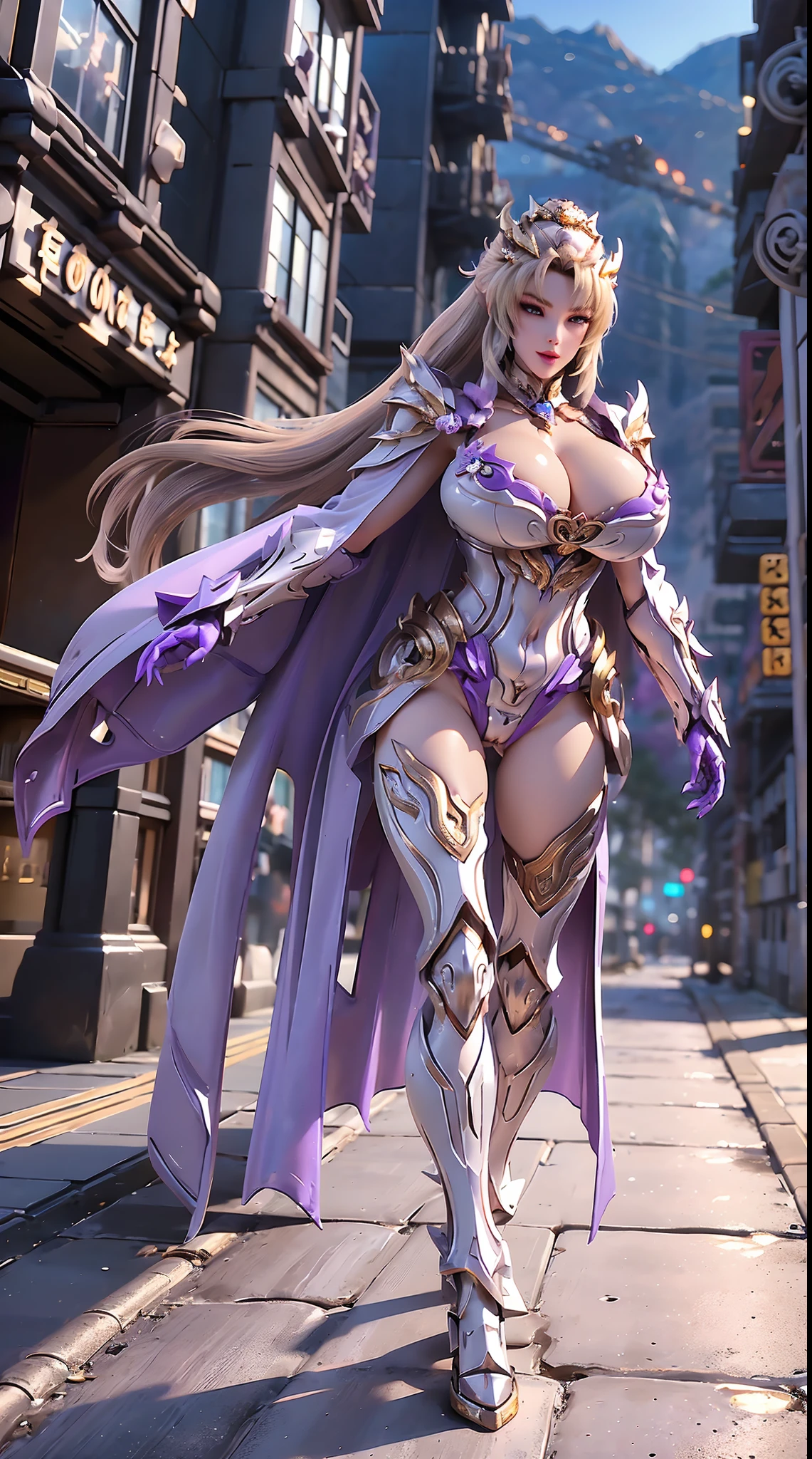 1GIRL, SOLO,(blond hair ponytail, Dragon helmet), (HUGE FAKE BOOBS:1.3), (white, Purple, gold, FUTURISTIC DRAGON MECHA ARMOR SUIT, ROYAL CAPE, CLEAVAGE:1.5), (SKINTIGHT YOGA PANTS, HIGH HEELS:1.2), (NSFW GLAMOROUS BODY, SEXY LONG LEGS, FULL BODY:1.3), (FROM FRONT, LOOKING AT VIEWER:1), (WALKING DOWN ON STREET NIGHT CITY:1.3), PHYSICALLY-BASED RENDERING, ULTRA HIGHT DEFINITION, 8K, 1080P.