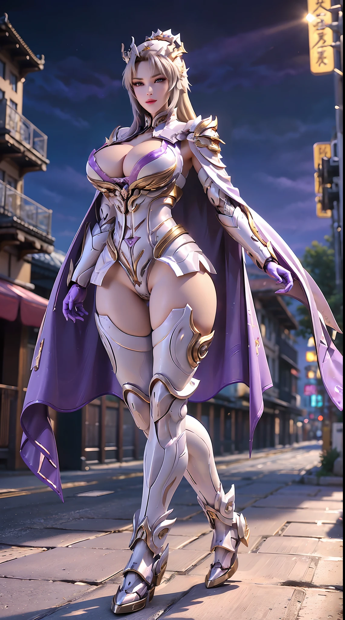 1GIRL, SOLO,(blond hair ponytail, Dragon helmet), (HUGE FAKE BOOBS:1.3), (white, Purple, gold, FUTURISTIC DRAGON MECHA ARMOR SUIT, ROYAL CAPE, CLEAVAGE:1.5), (SKINTIGHT YOGA PANTS, HIGH HEELS:1.2), (NSFW GLAMOROUS BODY, SEXY LONG LEGS, FULL BODY:1.3), (FROM FRONT, LOOKING AT VIEWER:1), (WALKING DOWN ON STREET NIGHT CITY:1.3), PHYSICALLY-BASED RENDERING, ULTRA HIGHT DEFINITION, 8K, 1080P.