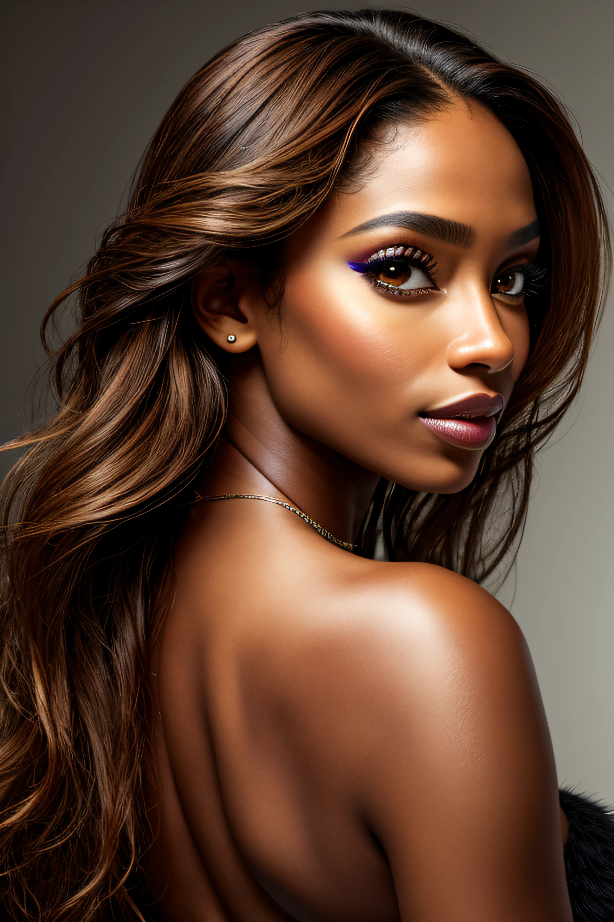 centerfold photograph, of a 35 year old gorgeous super model woman, caramel skin, closed smile, highly detailed face, setting studio, hyper realistic, lifelike texture, dramatic lighting, perfect makeup, perfect eyes, perfect iris, perfect lips, perfect teeth, perfect skin, soft front light, glow, HDR, strapless dress, melanin