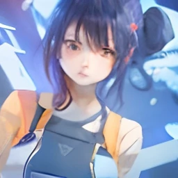 My name is seon, color hair dark purple,color eyes purple, hair tied to the side, her hair tie is yellow, color pants blue, rather light orange clothes, wear long sleeves