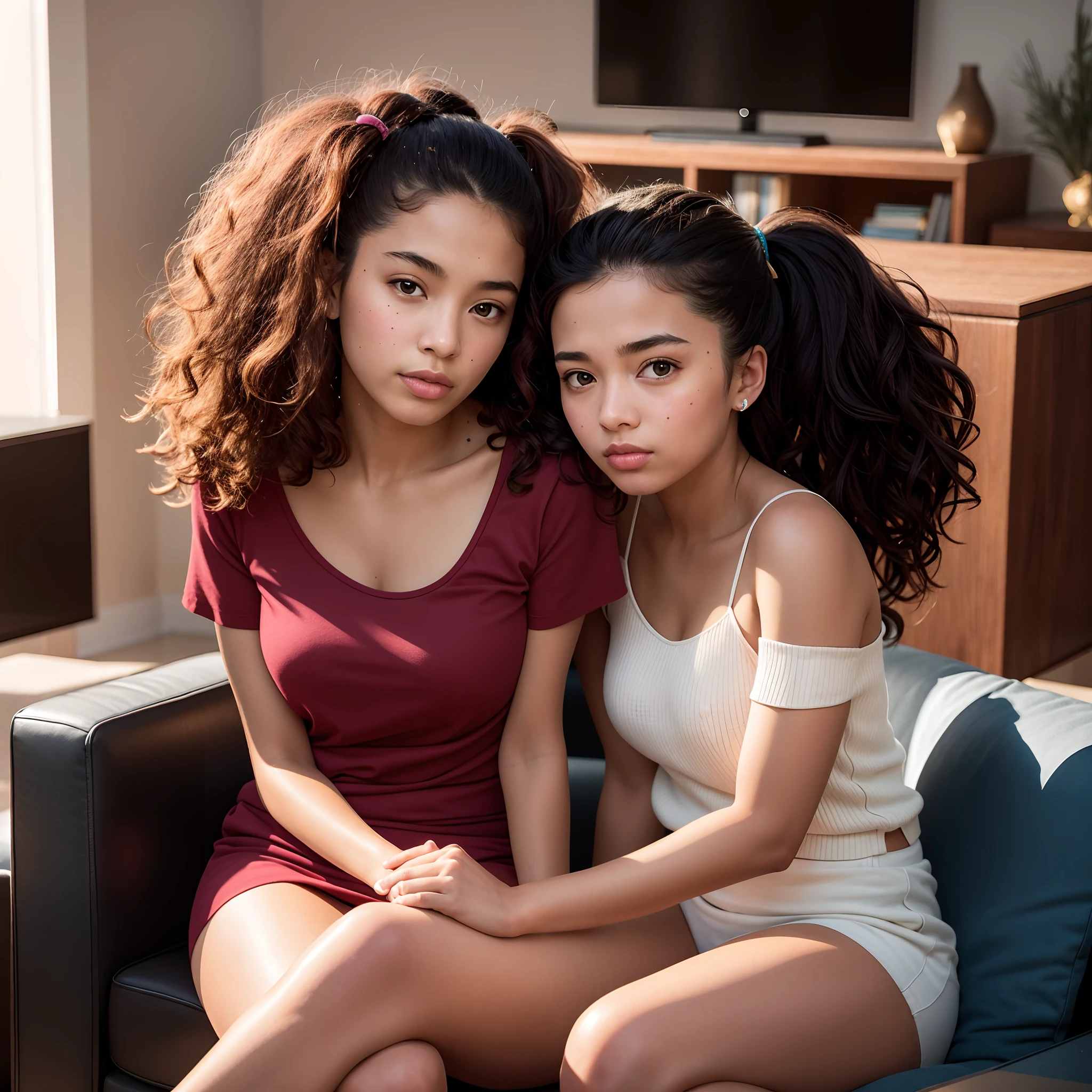 two young women sitting on a couch in a living room, two girls, two beautiful, sisters, Tall Mixed guy handsome, sitting in middle, detail portrait shot 8k, high quality portrait, shot on sony a 7 iii, 8k portrait render, 8k photo