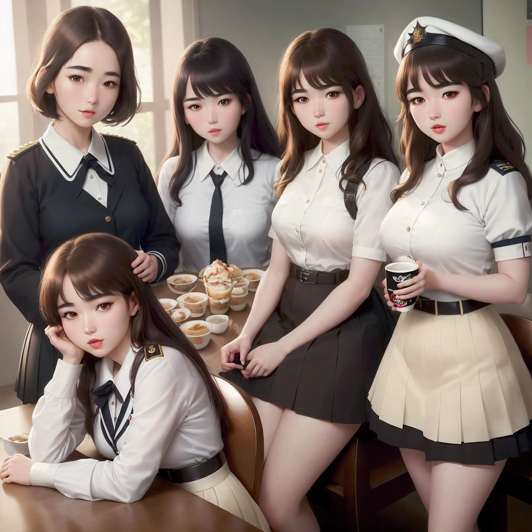 Alafed image of a woman in uniform holding scissors, yukii morita, けもの, ayami koj ima, Young Sensual Gravure Idol, a hyperrealistic schoolgirl, mayuri shiina, mm, l7m, Mai Yoneyama, Realistic Young Gravure Idol, makoto shinka, (Best Quality,4K,hight resolution,masutepiece:1.2),official artwork、detaileds、accuracy、​masterpiece、Detailed eyes with highlights,High-quality face,Brown hair、dark brown eyes、Well-formed face、sleepy expression、White blouses、Black tight skirt、Sandwiches and coffee on the table, Dua Lipa and Kim Petras