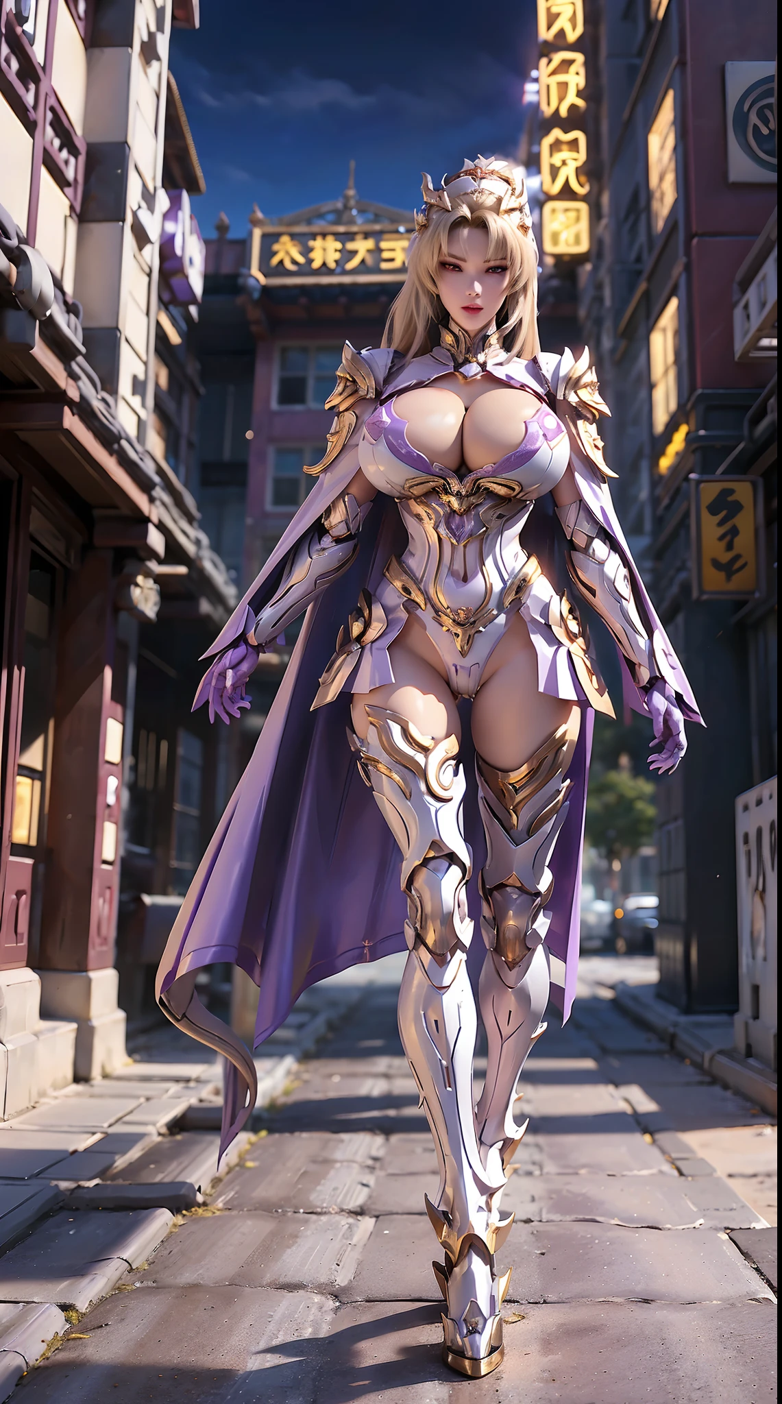 1GIRL, SOLO,(blond hair ponytail, Dragon helmet), (HUGE FAKE BOOBS:1.3), (white, Purple, gold, FUTURISTIC DRAGON MECHA ARMOR SUIT, ROYAL CAPE, CLEAVAGE:1.5), (SKINTIGHT YOGA PANTS, HIGH HEELS:1.2), (NSFW GLAMOROUS BODY, SEXY LONG LEGS, FULL BODY:1.3), (FROM FRONT, LOOKING AT VIEWER:1), (WALKING DOWN ON STREET NIGHT CITY:1.3), PHYSICALLY-BASED RENDERING, ULTRA HIGHT DEFINITION, 8K, 1080P.