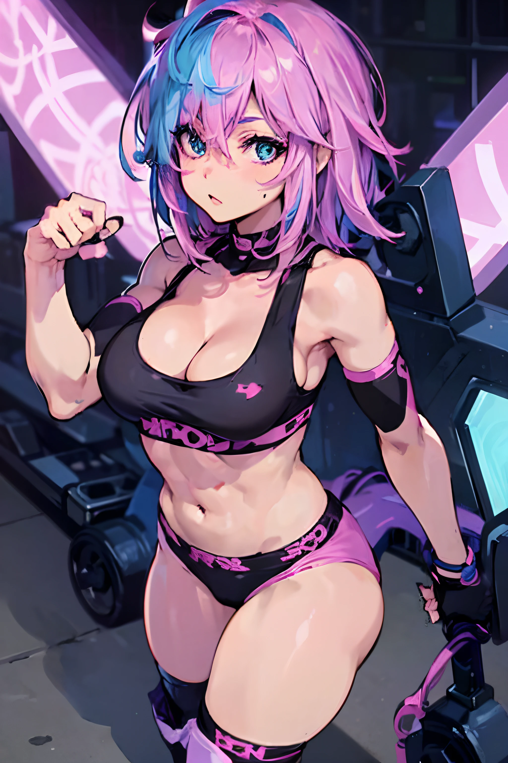 anime (sexy pose), Fist Fighter ,Beautiful girl, Muscular, Cleavage, Abs, (fullsleevetattoo
), big breasts, light blue (emo_hairstyle) with pink highlights, makeup, black lipstick, (solo), realistic, PSD, (hot pants), realistic