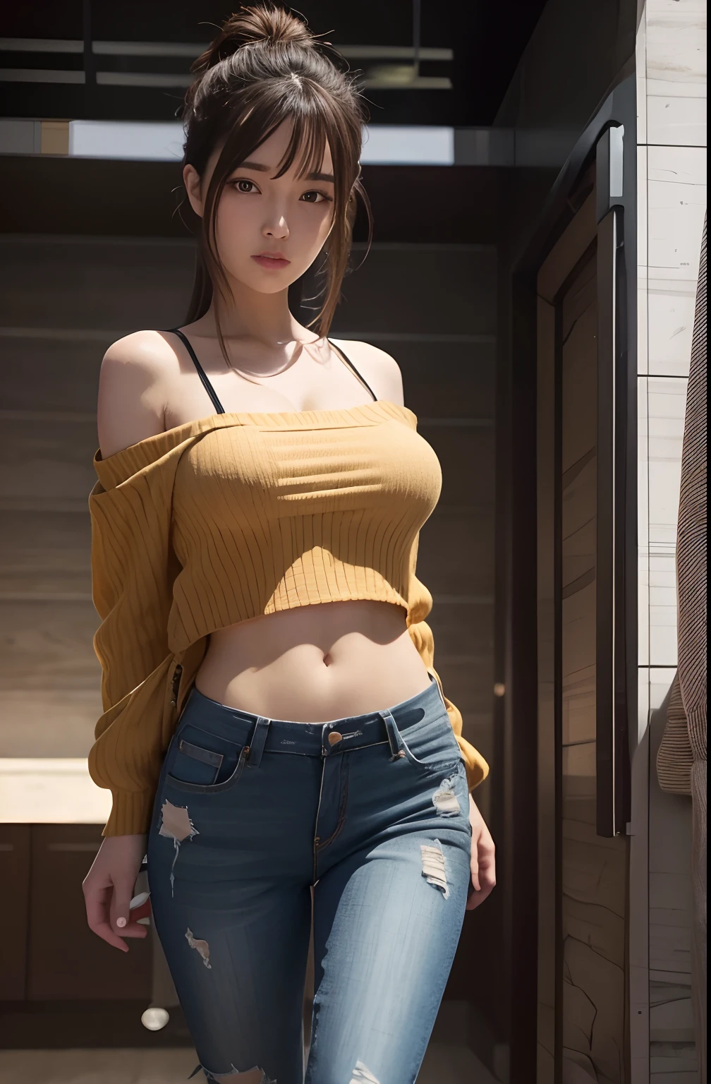 ((masterpiece, best quality, ultra-detailed, ultra-HD, photorealistic, cinematic)), ((alluring female beach model)), (medium shot), (purple hair, voluminous top knot hair), (voluptuous body), perfect body, sexy body, perfect face, perfect hands, hands on her waist, delicate face, (large breasts, under boobs), round ass, long round legs, (wearing yellow crop top sweater:1.3), (navel), (black T-back bikini:1.2), (sensual pose), (gradient background), (Japanese-looking face), deep purple eyes, detailed pupils, deep plum lips, blushing, (slightly parted lips), (sunset, seaside)