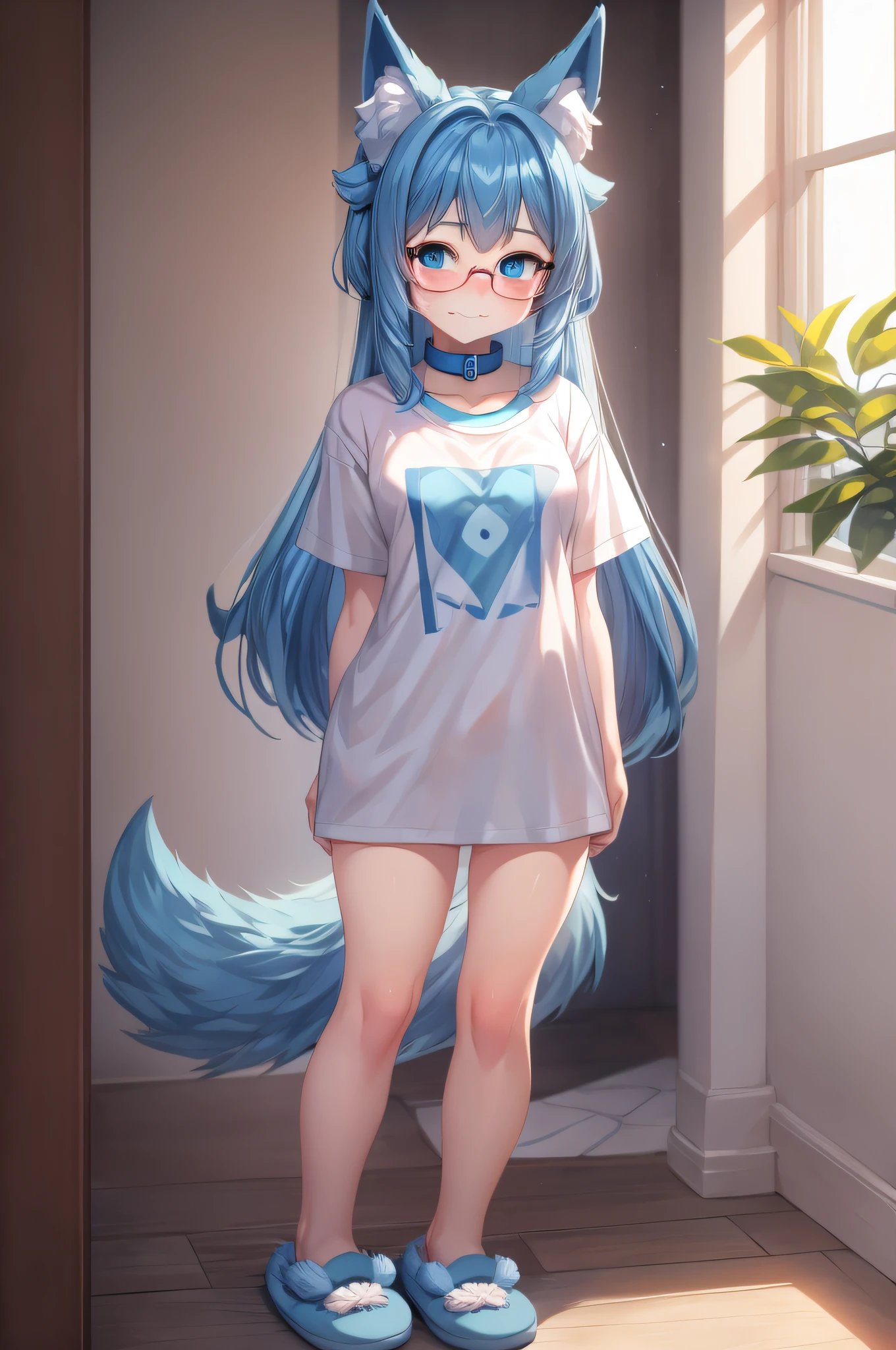 (Masterpiece) (High Detail) (High Res) A short petite humanoid girl with pale human skin and blue eyes and long blue hair and blue dog ears and a fluffy dog tail is stood wearing just an oversized white t-shirt. She has red cheeks and a looks a little shy.