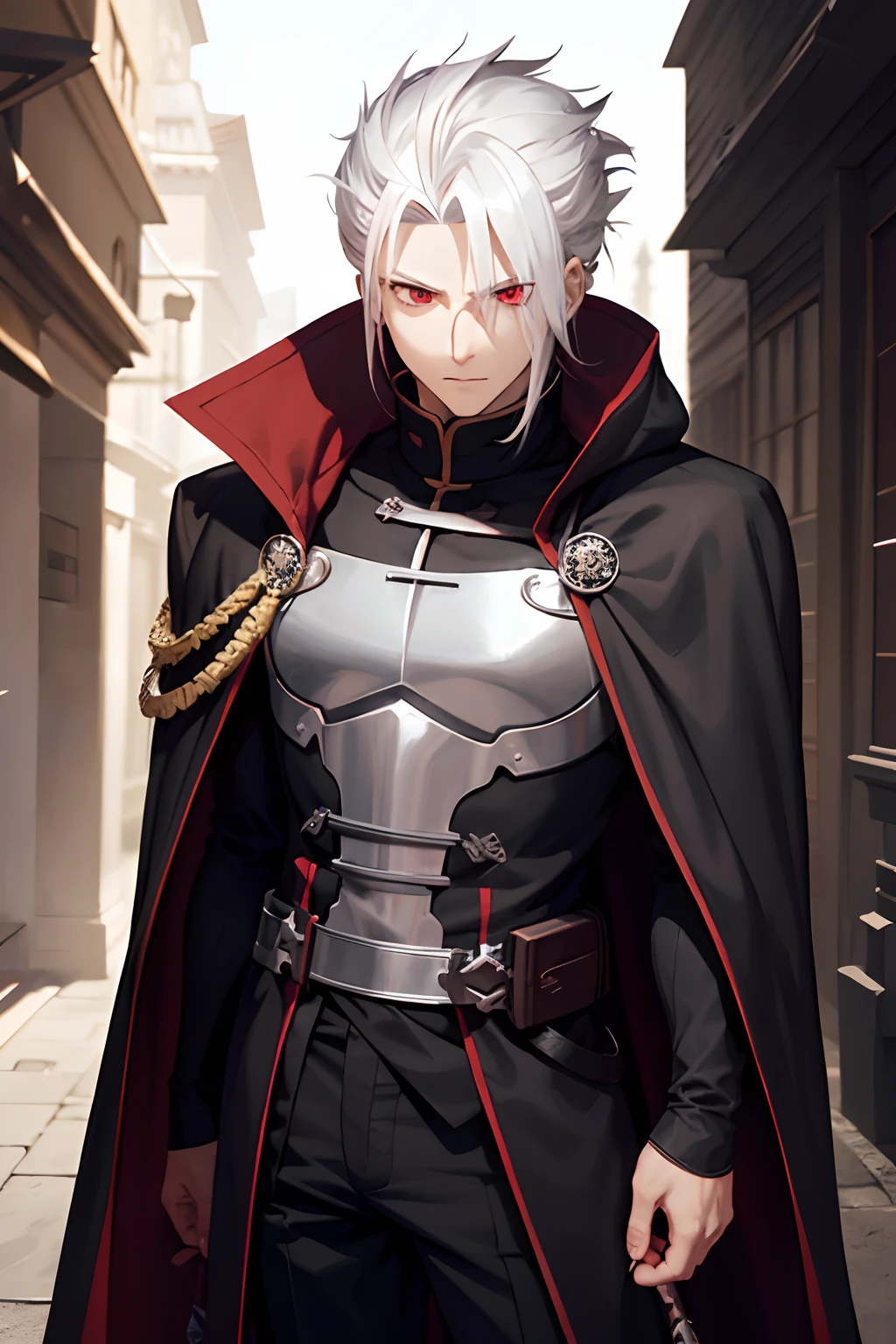 A man with spiky white hair, has a stripe over his left eye, red eyes, wears a black cloak with shadows, anime, Fate Stay Night style