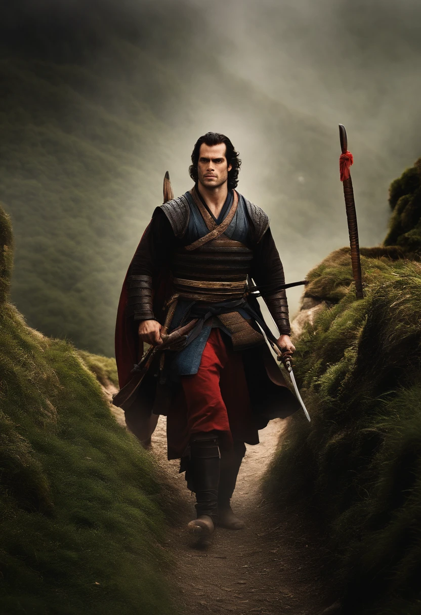 Um retrato fotorrealista de um estilo de fantasia final de Henry Cavill, Um Samurai virtuoso, perdido no tempo em um mundo de desordem; where principles, Values and good customs no longer exist and are no longer honors. sad and lonely, Living According to His Moral Code, He follows the walk with his shoulders girded in a deep spiritual depression