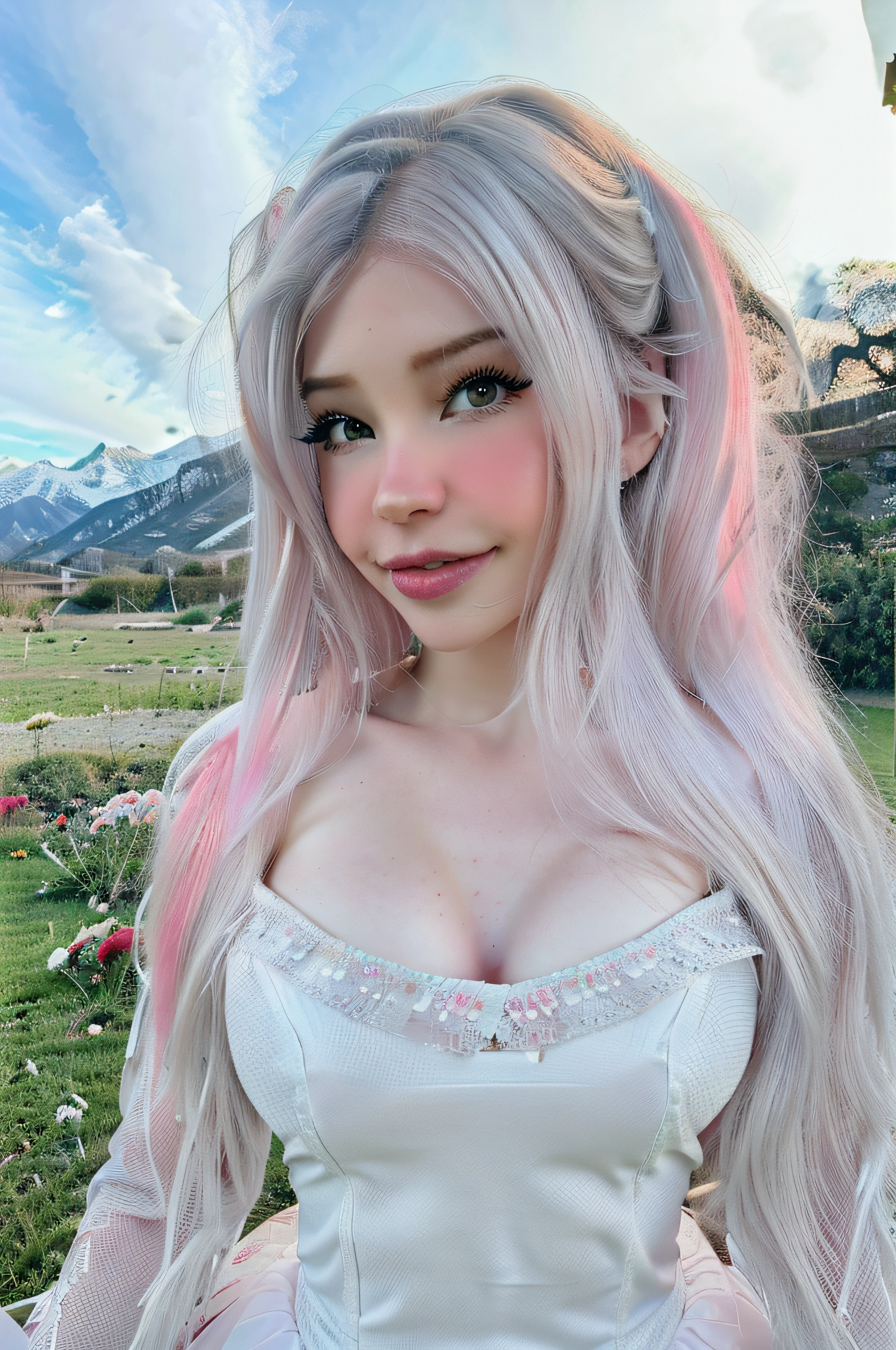 belle delphine vestida de vaquera en una campo, piel blanca, ojos azules, cabello largo y rosa, hermosa sonrisa, ojos grandes, with mountains in background