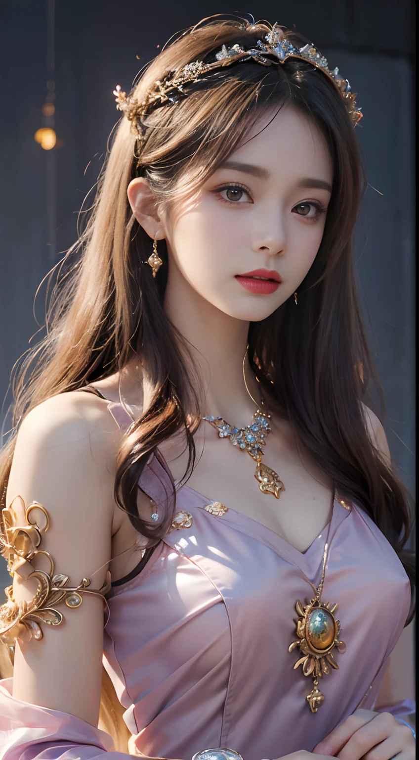 Portrait of a 21 year old saint,Charming Adult saint in a long dress made of thin silk, beautiful saint with an old face, Adult, She is wearing a bright pink colorful dress:1.5, beautiful face without blemishes, ((Hair length, 7 colors:1.2)), large crown, Hair brooch, Hanfu Dress, chinese ancient style, Full Body Jewelry, 額のtattoo, faceのtattoo,Very even breasts, face, innocent face, The most beautiful and delicate pale pink lipstick, ((Thin and plump lips:0.3)), ((Golden Eyes Color:0.6)), Detailed and subtle lighting effects, Light and Darkness, Dramatic lighting, Magic Light, Highly detailed light, Natural Color, Ultra Sharp, Realistic, 8K quality, Fantasy space background, A space of saints and magic, The most detailed image, ((alone:0.3)), ((to the saints:0.6)), ((saintを真っ直ぐ見つめる'Upper Body:0.4)), ((Smooth skin:0.5)), ((saint'Veil:0.6)),tattoo , フェイスtattoo,Oiran , Clothing made from jewels , cherry blossoms , 🌸 , grassland , Close your eyes and sleep on the chair..:1.5