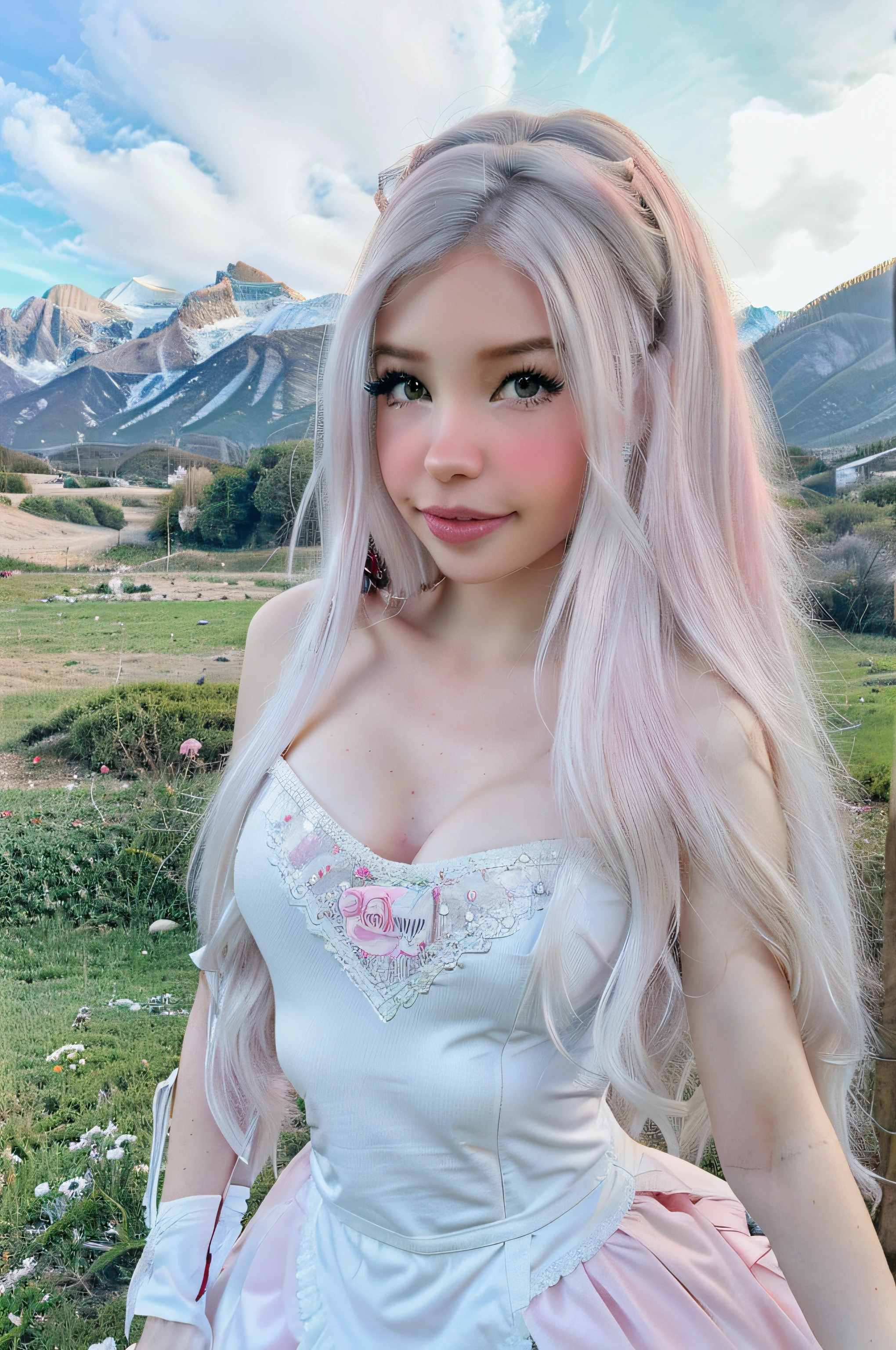 belle delphine vestida de vaquera en una campo, piel blanca, ojos azules, cabello largo y rosa, hermosa sonrisa, ojos grandes, with mountains in background