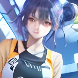 My name is seon, color hair dark purple,color eyes purple, hair tied to the side, her hair tie is yellow, color pants blue, rather light orange clothes, wear long sleeves