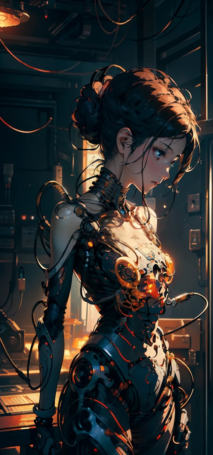 (((masterpiece))), (((best quality))), ((ultra-detailed)), (highly detailed CG illustration), ((an extremely delicate and beautiful)),cinematic light,((1mechanical girl)),solo,(cowboy shot:1.2),(machine made joints:1.2),((machanical limbs)),(blood vessels connected to tubes),(mechanical vertebra attaching to back),((mechanical cervial attaching to neck)),expressionless,(wires and cables attaching to neck:1.2),(wires and cables on head:1.2),(character focus),science fiction,extreme detailed,colorful,highest detailed, loongs,fengs,background,